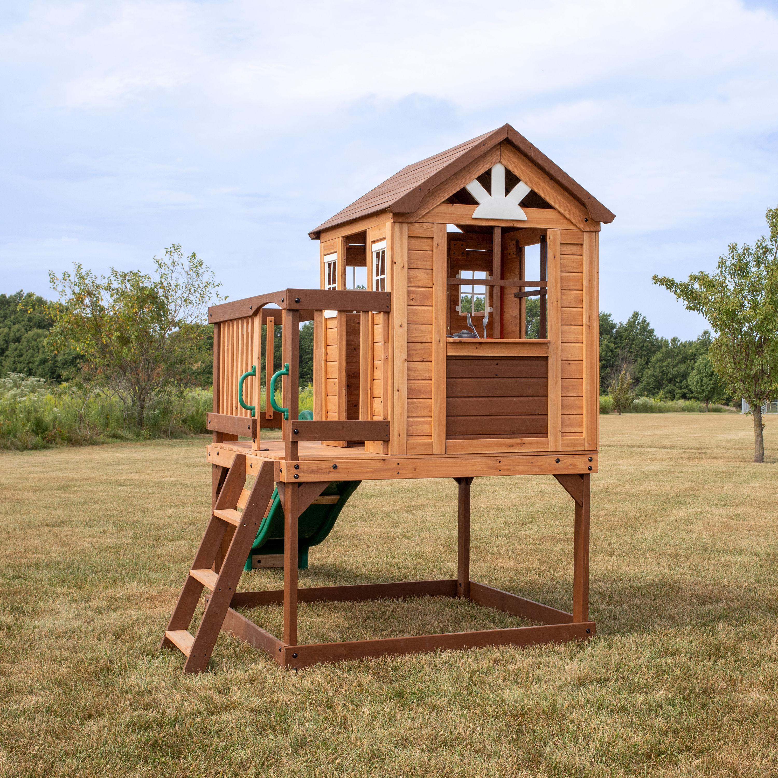 Backyard Discovery Echo Heights Cedar Wooden Elevated Playhouse, Slide, Play Kitchen