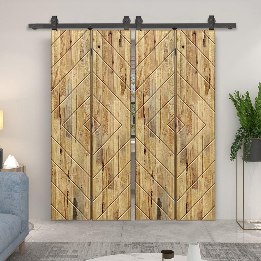 Calhome Stained Pine Wood Bi-Fold Double Barn Door with Sliding Hardware Kit