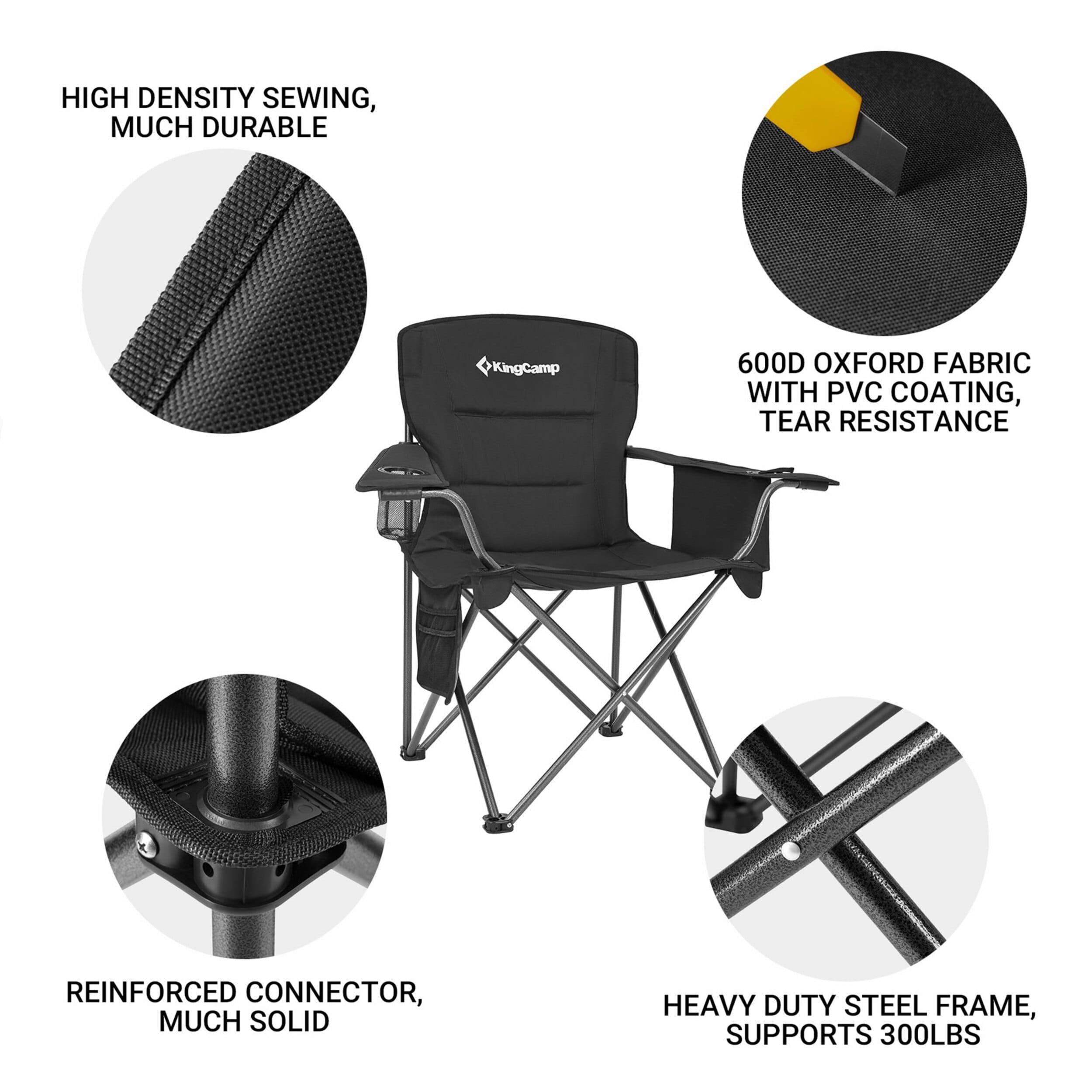 KingCamp Padded Portable Outdoor Folding Lounge Chairs with Built In Cupholder, Insulated Cooler Sleeve, and Side Storage Pocket, Black