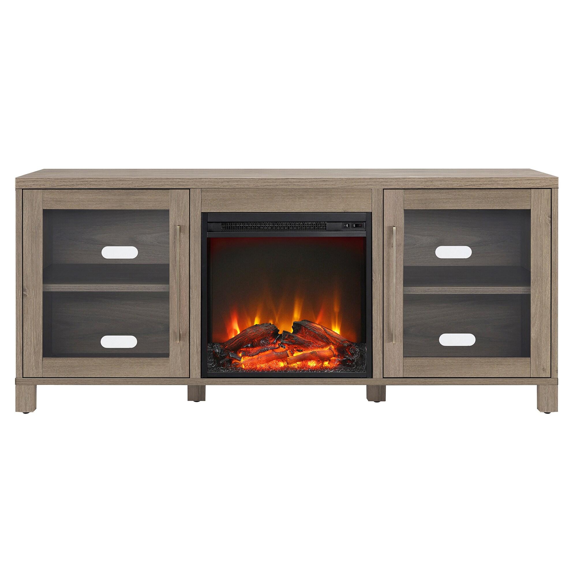 Evelyn&Zoe Quincy Rectangular TV Stand with Log Fireplace for TV's up to 65", Antiqued Gray Oak