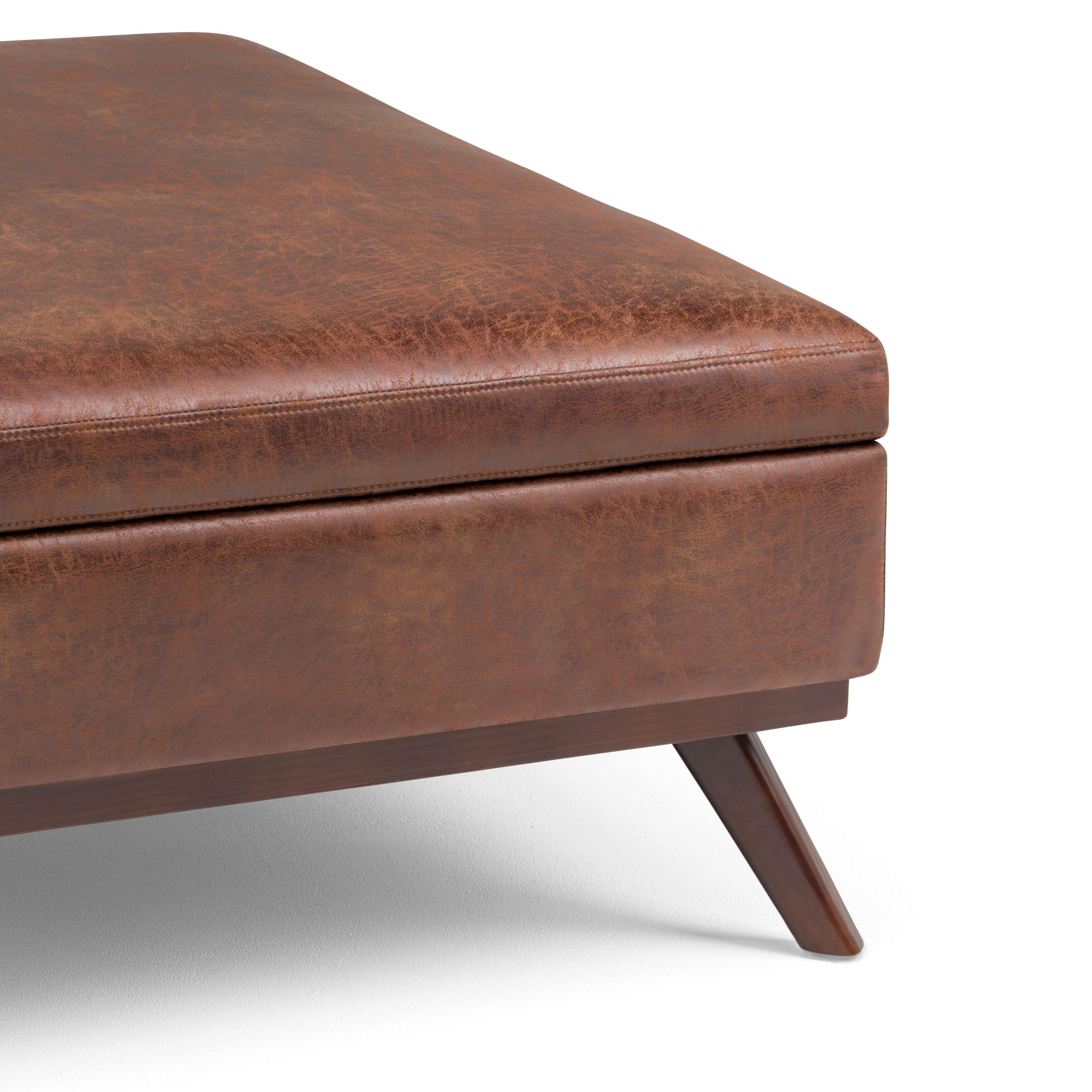 Simpli Home Owen Faux Air Leather Square Coffee Table Ottoman in Saddle Brown