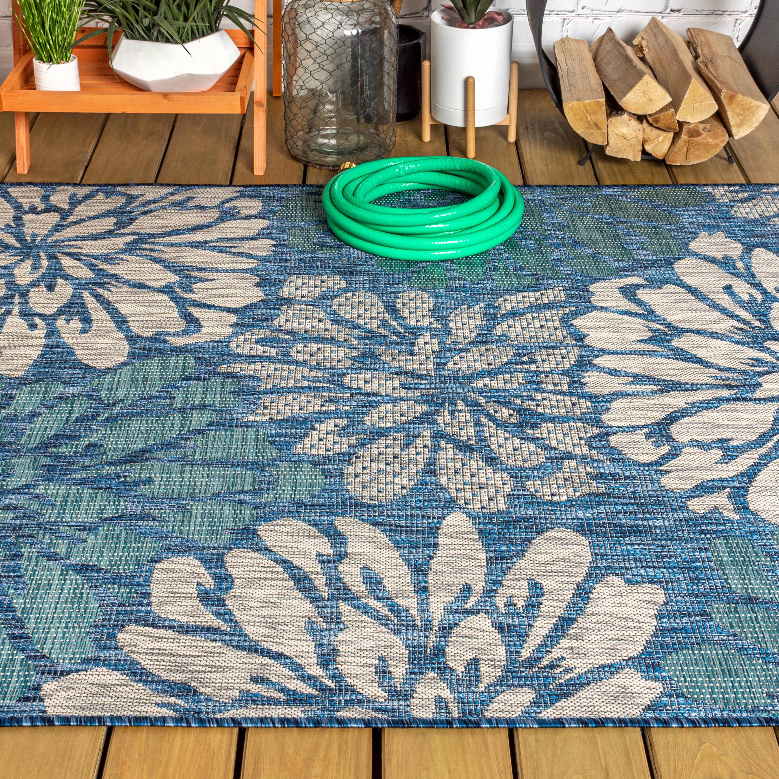3'x5' Zinnia Modern Floral Textured Weave Indoor/Outdoor Area Rug, Navy/Aqua - JONATHAN Y