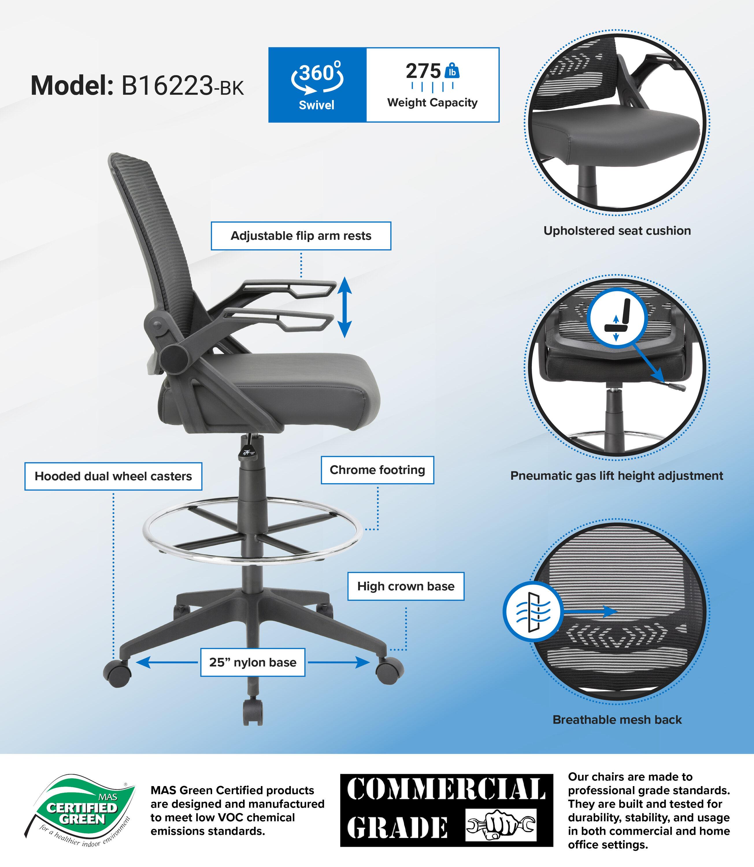 Boss Office Products Drafting Stool with Flip Arms Mesh Black: Adjustable for Tall Desks, Ergonomic Design, Nylon Frame