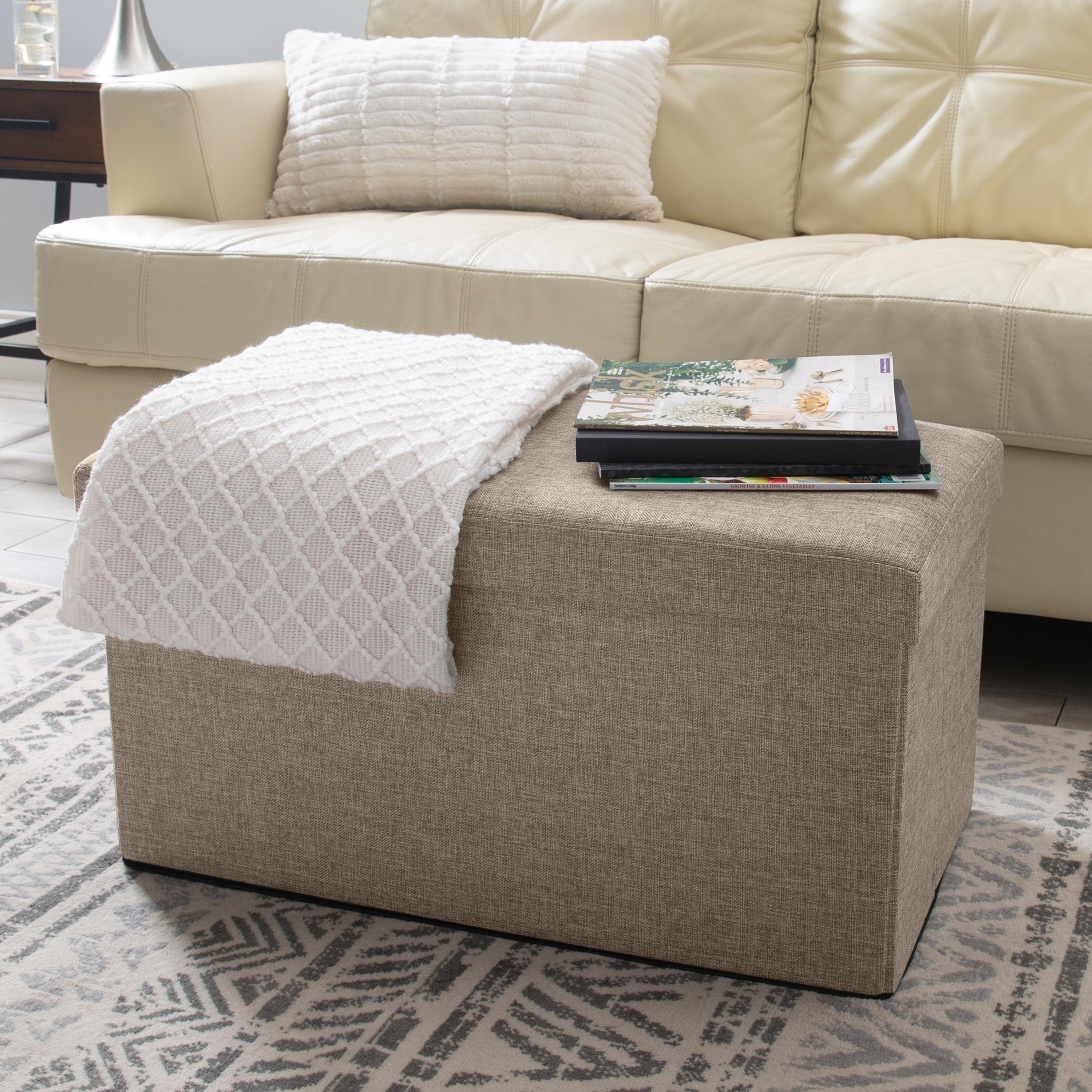 Simplify Faux Linen Double Folding Storage Ottoman, Natural Beige