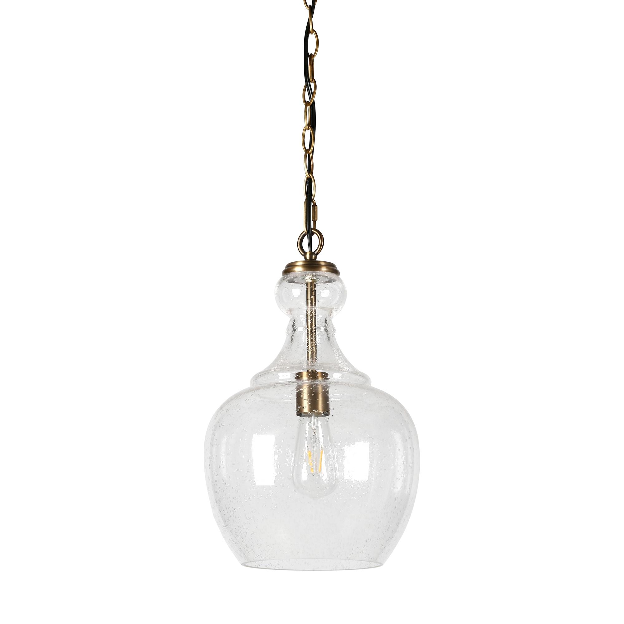Henn&Hart 11" Wide Pendant with Glass Shade in Brass/Seeded, Pendant, Flush Mount Ceiling Light Fixture for Kitchen, Living Room