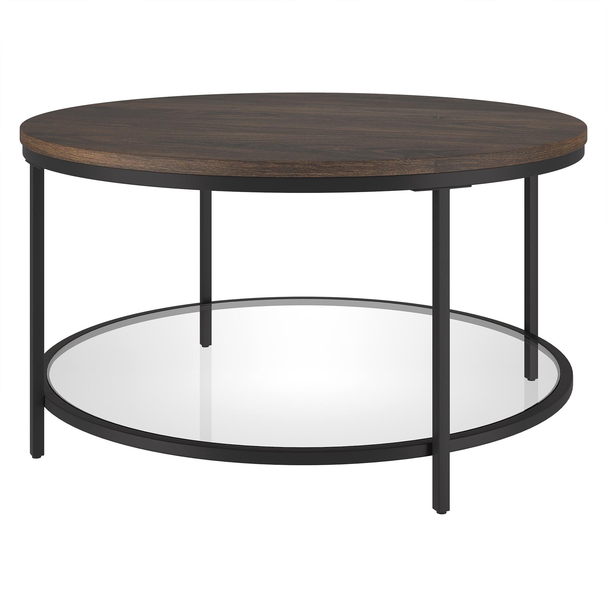 Evelyn&Zoe Sevilla 32'' Wide Round Coffee Table with MDF Top and Glass Shelf, Blackened Bronze/Alder Brown