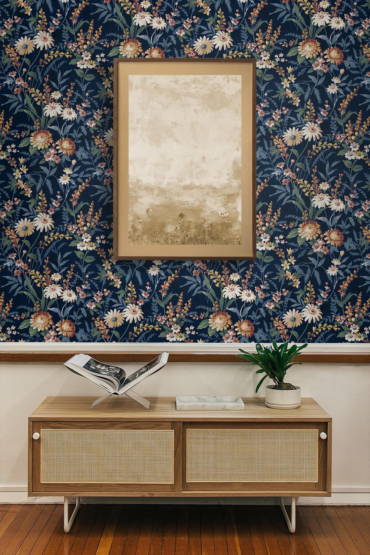 NextWall  Vintage Floral Peel and Stick Wallpaper 20.5 in. W x 18 ft. L - Navy Blue