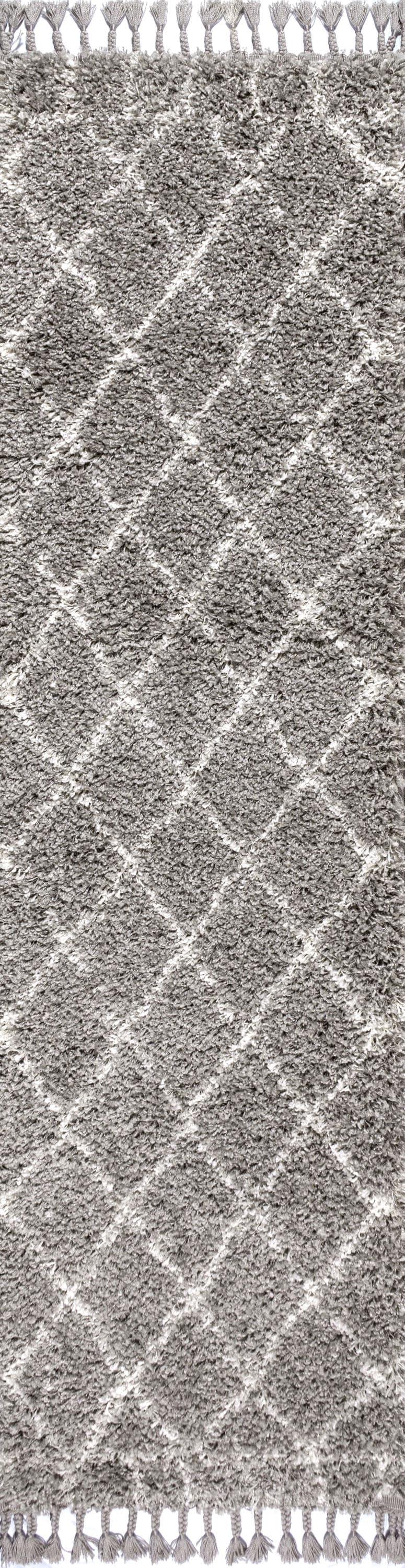 2'x8' Mercer Shag Plush Tassel Moroccan Geometric Trellis Area Rug, Grey/Cream - JONATHAN Y
