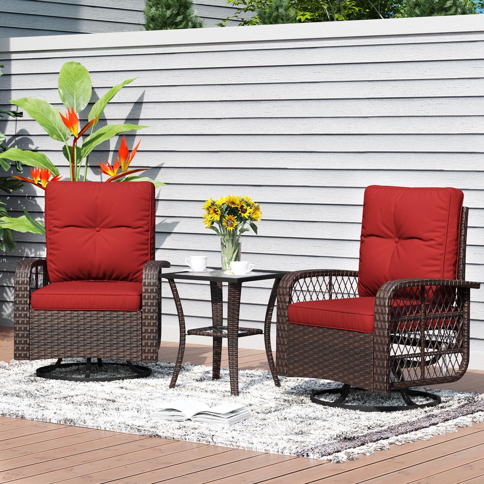 ECOPATIO 3 Pieces Patio Furniture Set, Outdoor Swivel Gliders Rocker, Wicker Patio Bistro Set with Rattan Rocking Chair, Glass Top Side Table and Thickened Cushions for Porch Deck Backyard(Red)