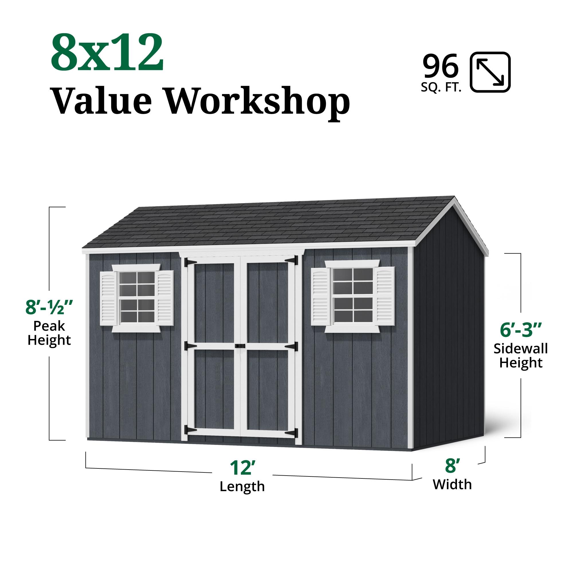 Little Cottage Co. 8x12 Value Workshop Shed with Operable Windows and Floor, Outdoor Wood Storage Do-It-Yourself Precut Kit