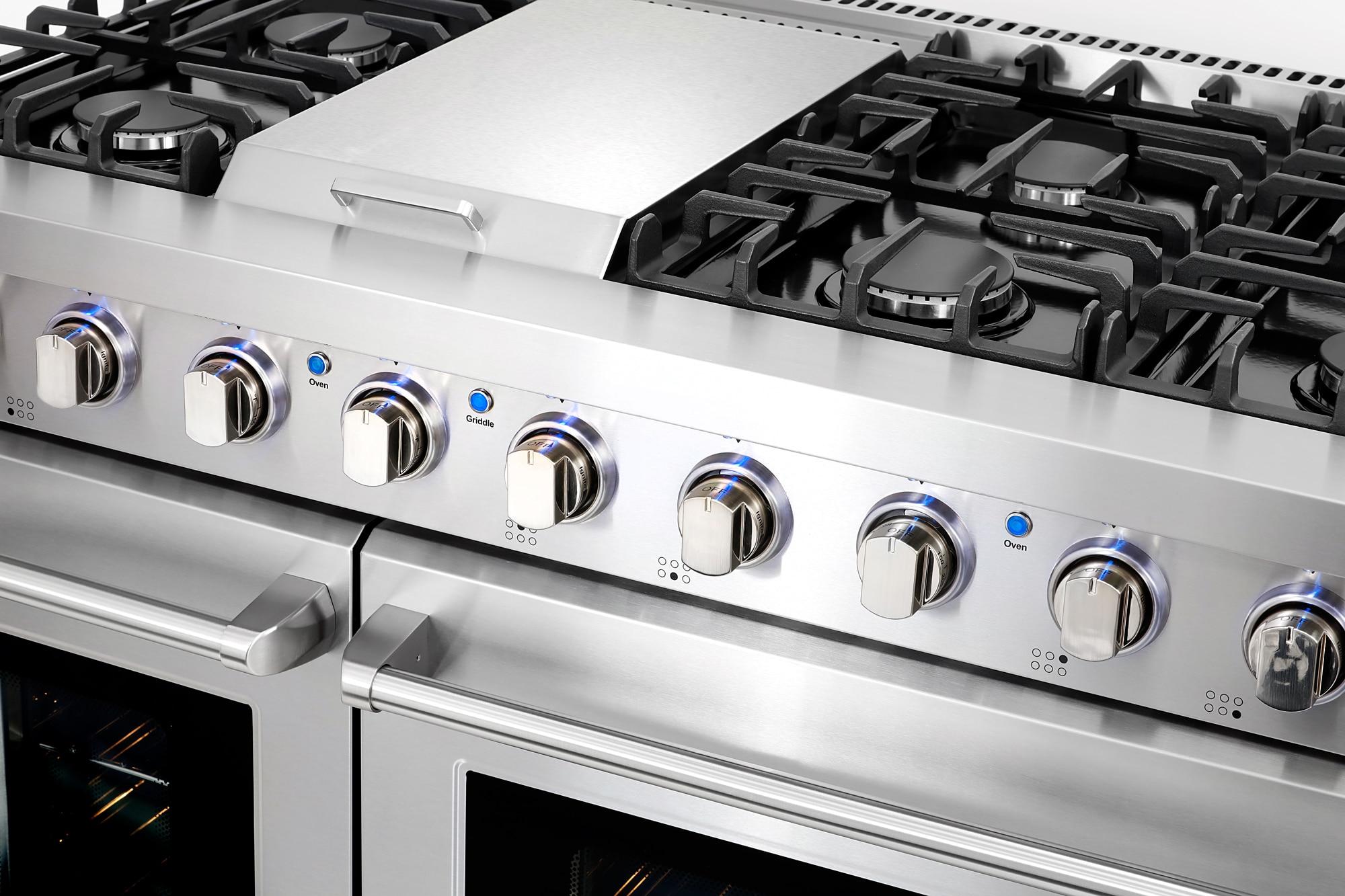 Cosmo 48 in. Haven Collection 6.8 cu. ft. Double Oven Gas Range, 6 Burners, Griddle, Convection, Knob LEDs, Stainless Steel