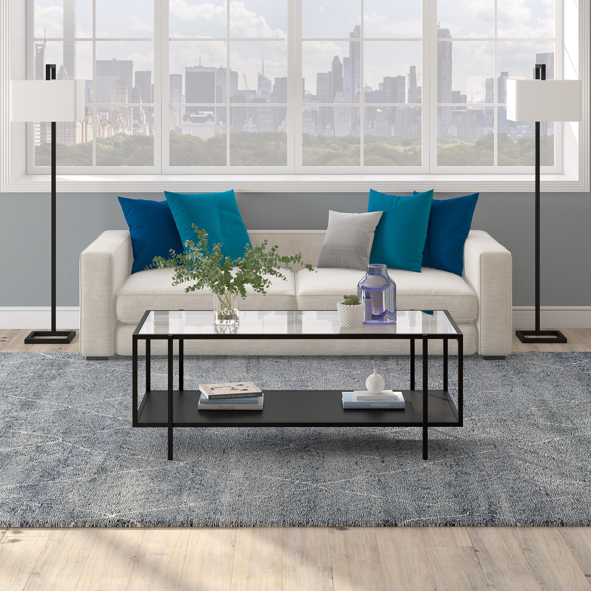 Evelyn&Zoe Vireo 45" Wide Rectangular Coffee Table with Metal Shelf in Blackened Bronze