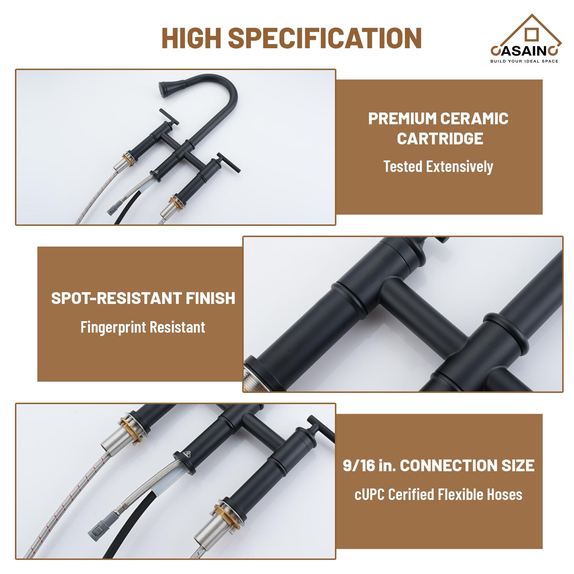 CASAINC Sleek 2-Handle Bridge Kitchen Faucet with Three Function Pull-Down Sprayhead 1.8 GPM KCLT0001-MB