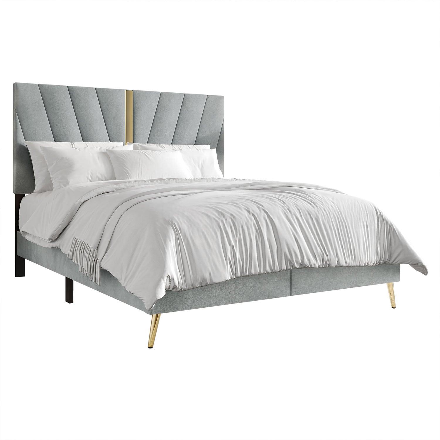 Castle Place Contemporary Velvet Queen Upholstered Bed with 2 Nightstand and Bench, Silver Grey