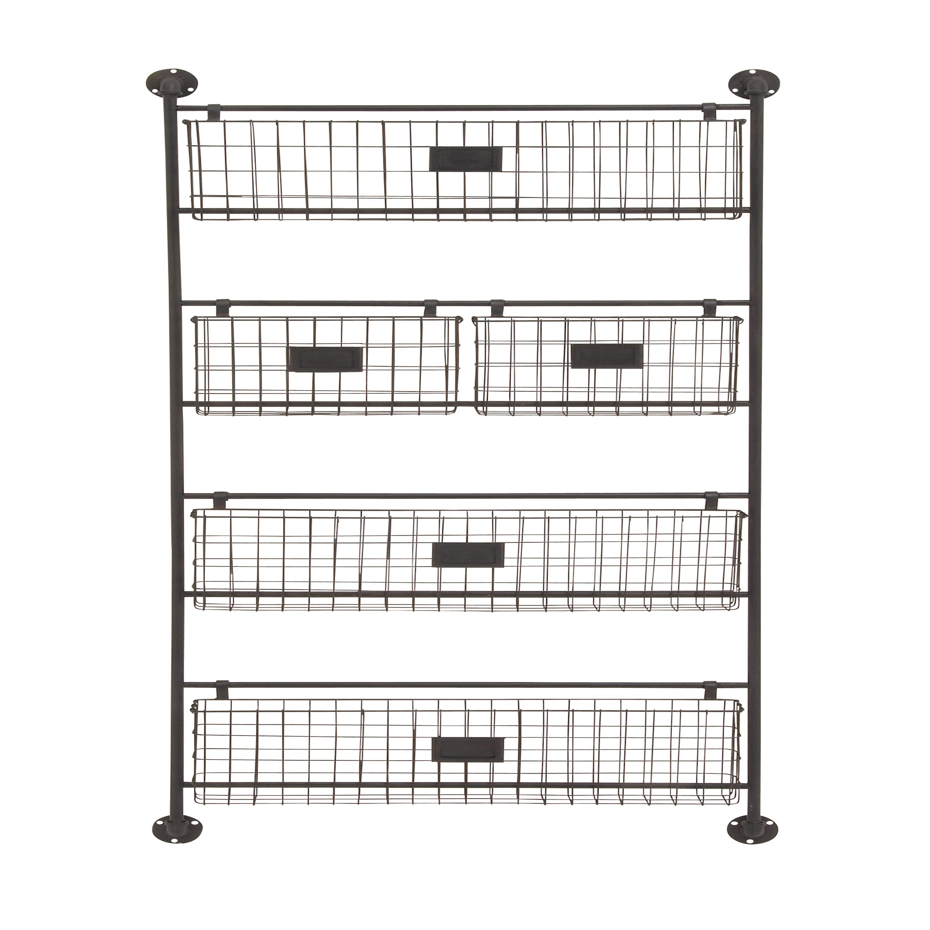 DecMode 4-Tier Industrial Wall Organizer Basket and Magazine Rack Holder, 27"W x 5"L x 61"H, Black Metal with Rustic Distressed Finish