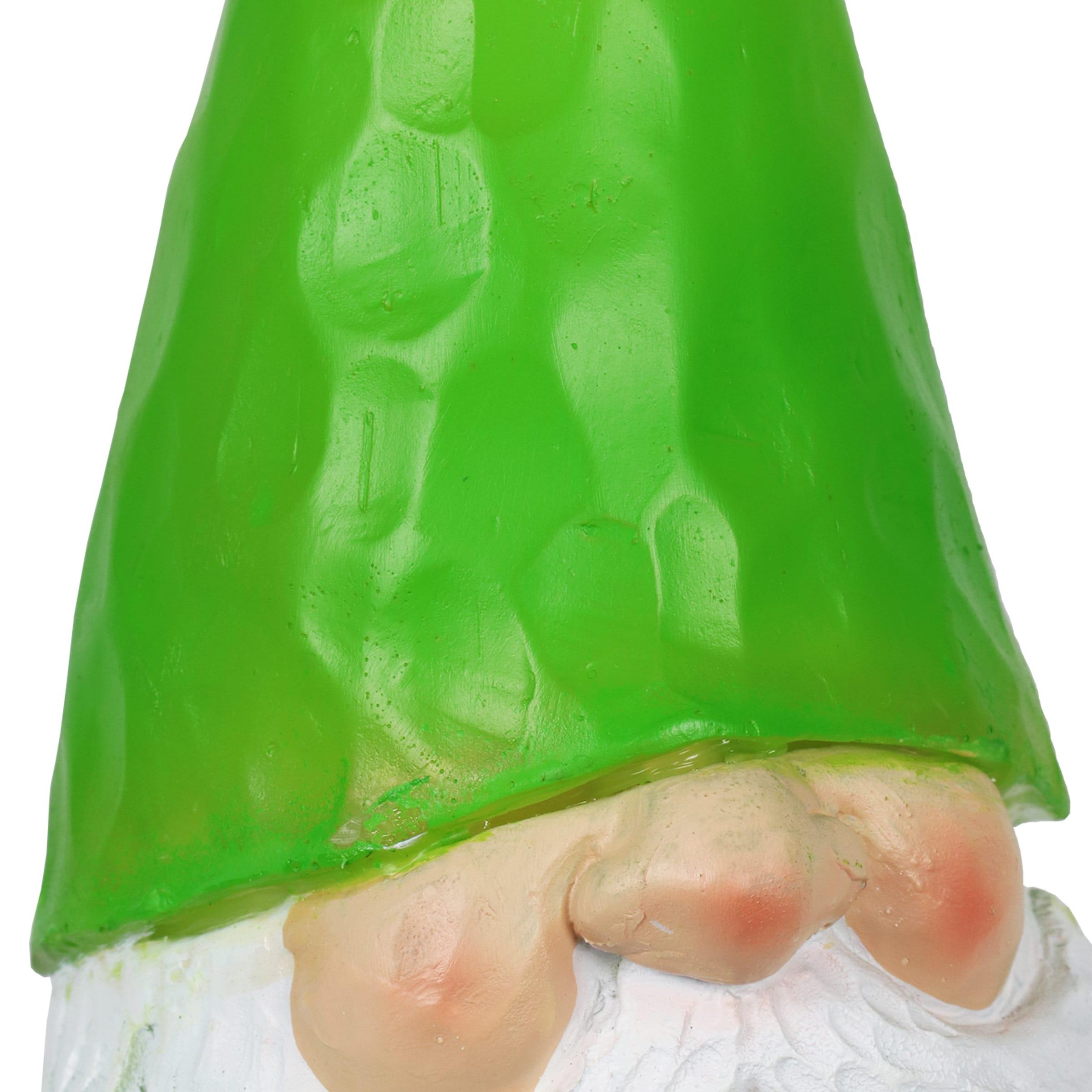 Green LED Solar-Powered Resin Garden Gnome with Flowers