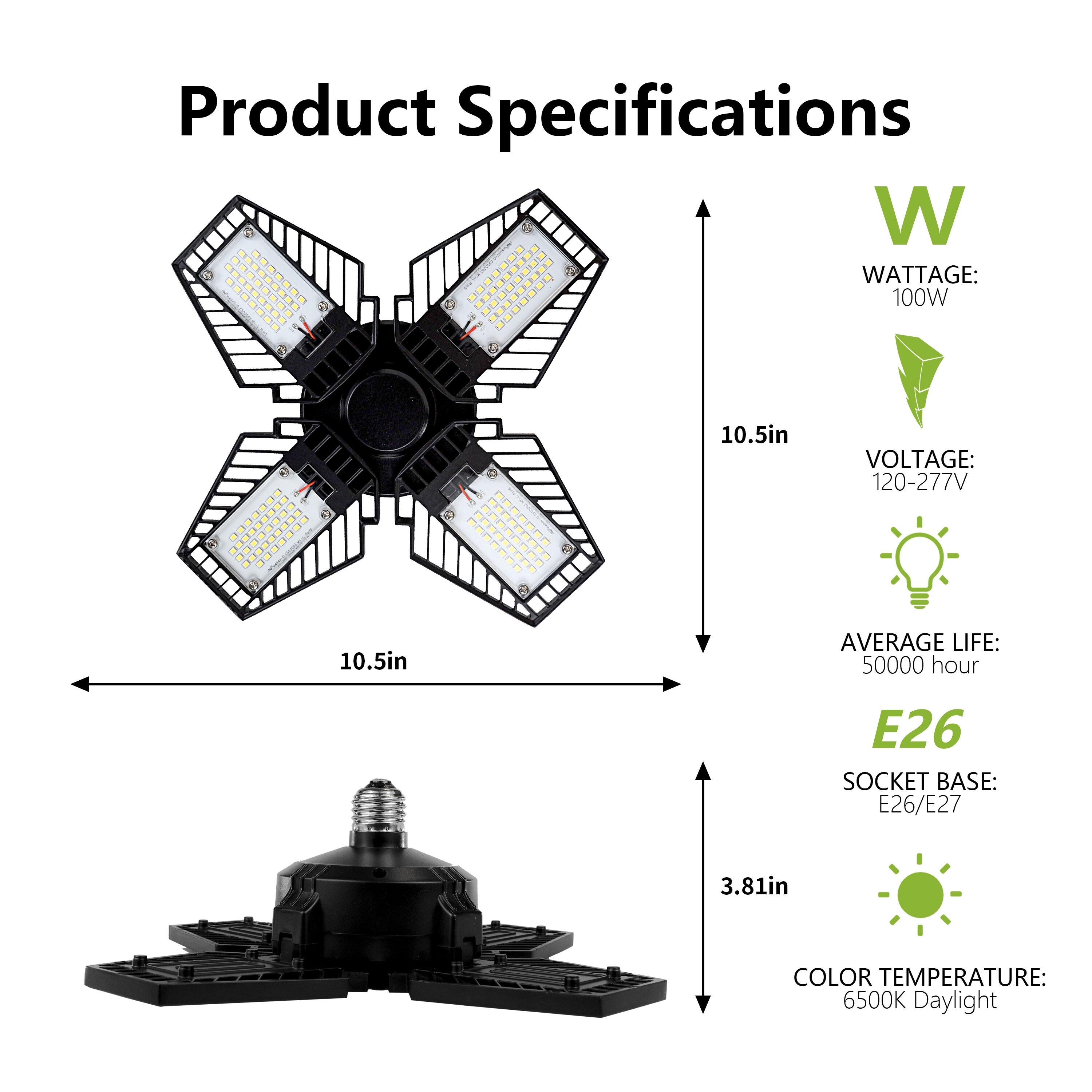 LED Garage Light,100W (700W Equivalent) 12000 Lumen 4-Head Deformable Ceiling Light, 6500K Daylight