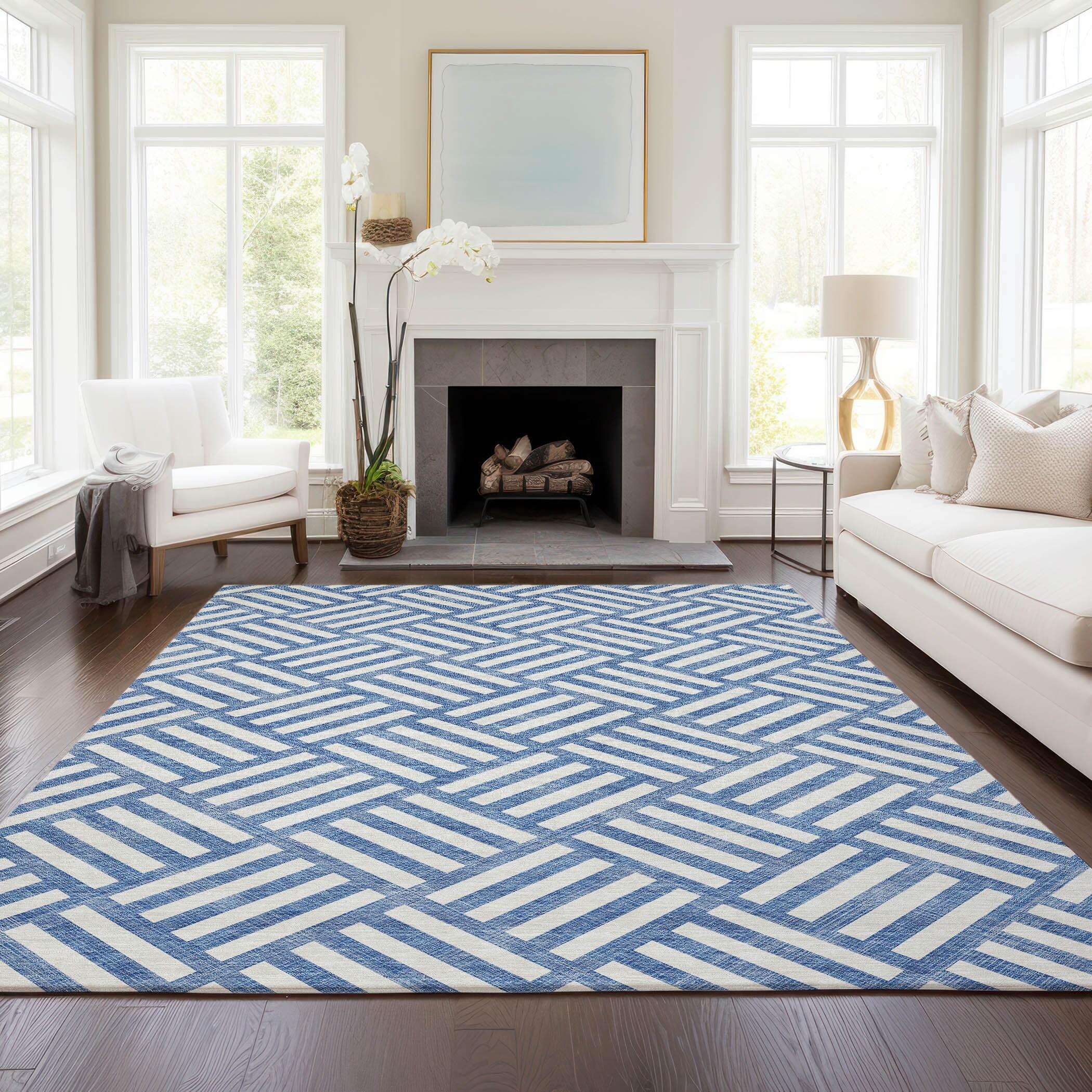 Blue Geometric Flat Woven Washable 5' x 7' Rug