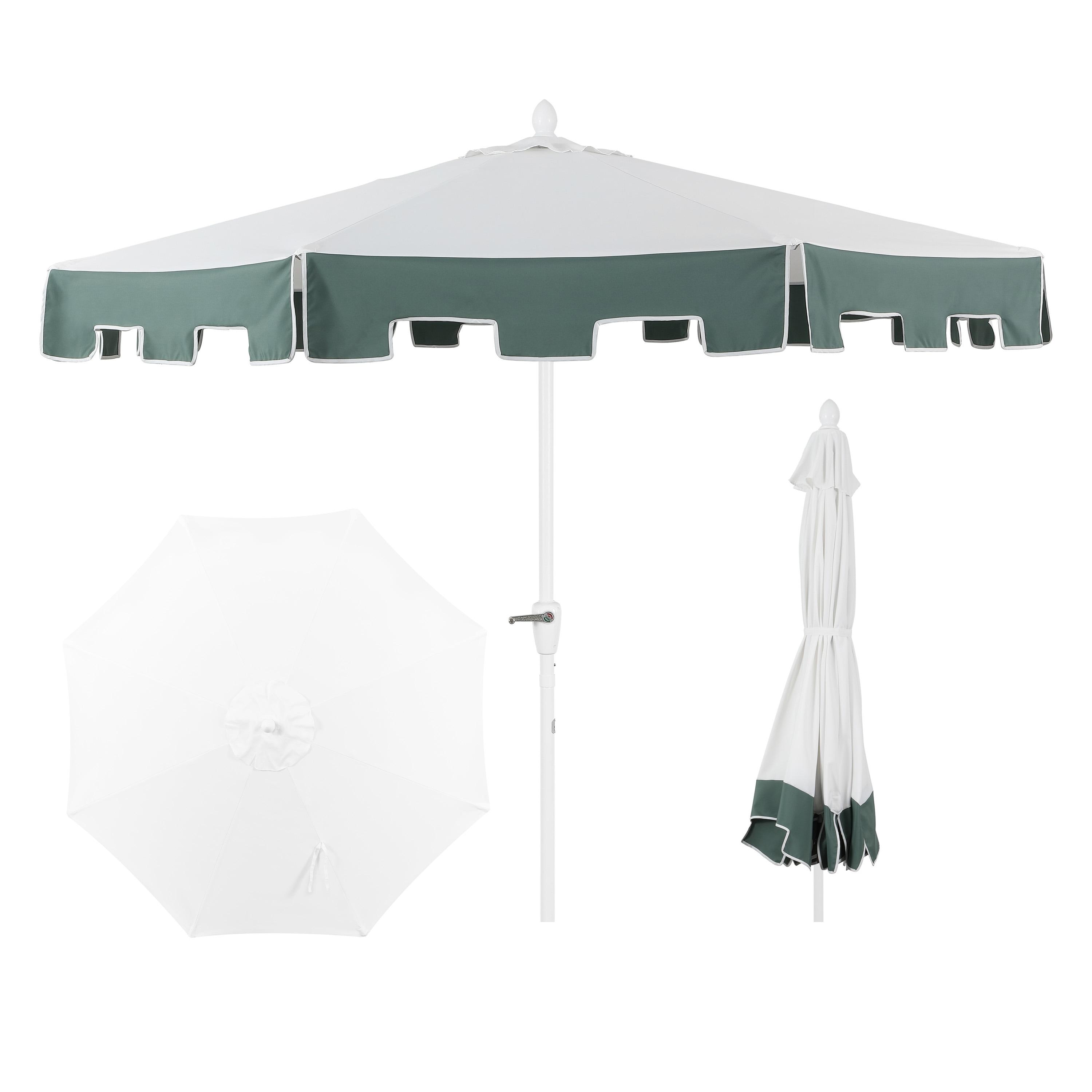 JONATHAN Y Baiona 9 ft. Classic MidCentury Market Patio Umbrella with UV Protection, Auto-Tilt, Crank and Wind Vent in White/Green