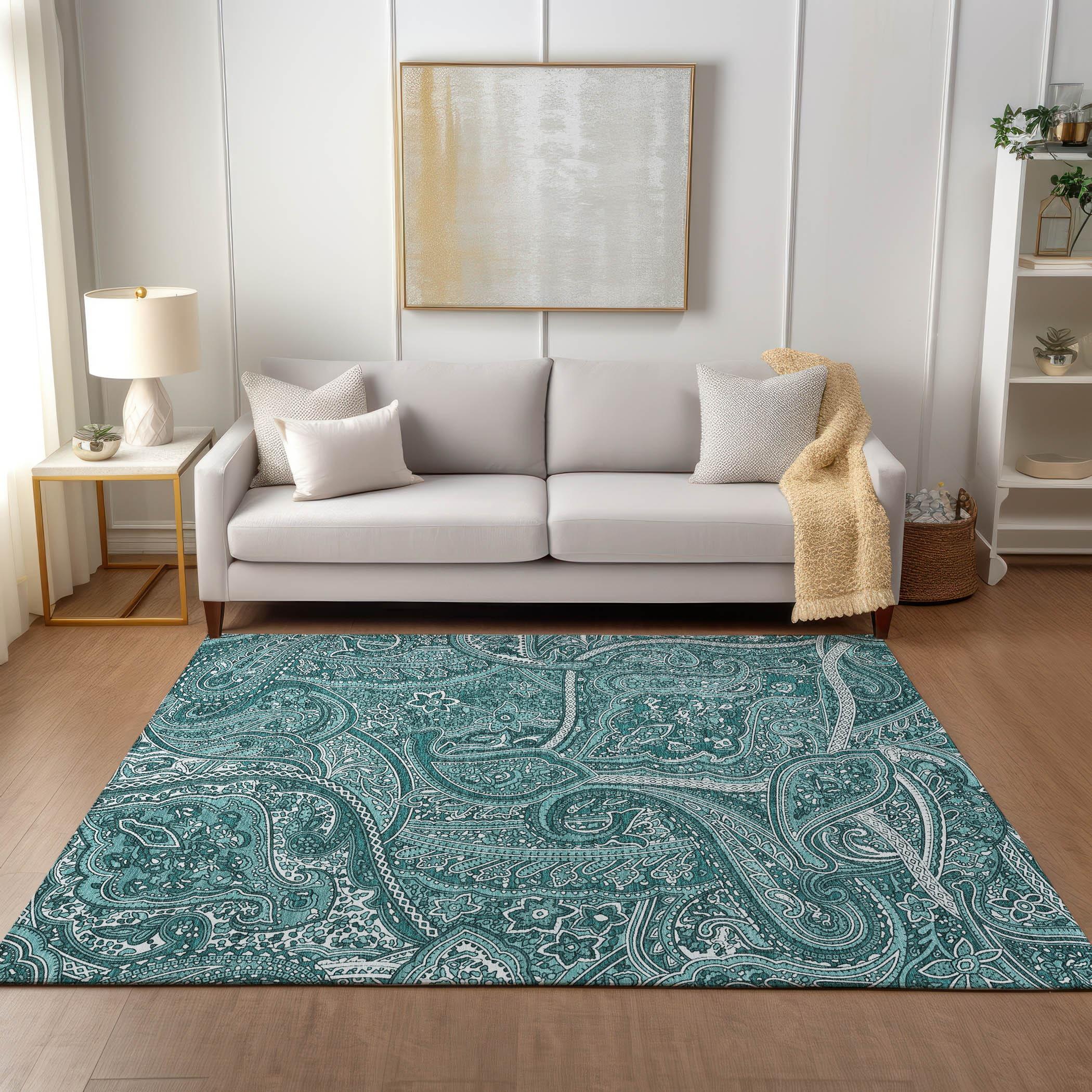 Teal Paisley Pattern Machine Washable Indoor Outdoor Rug