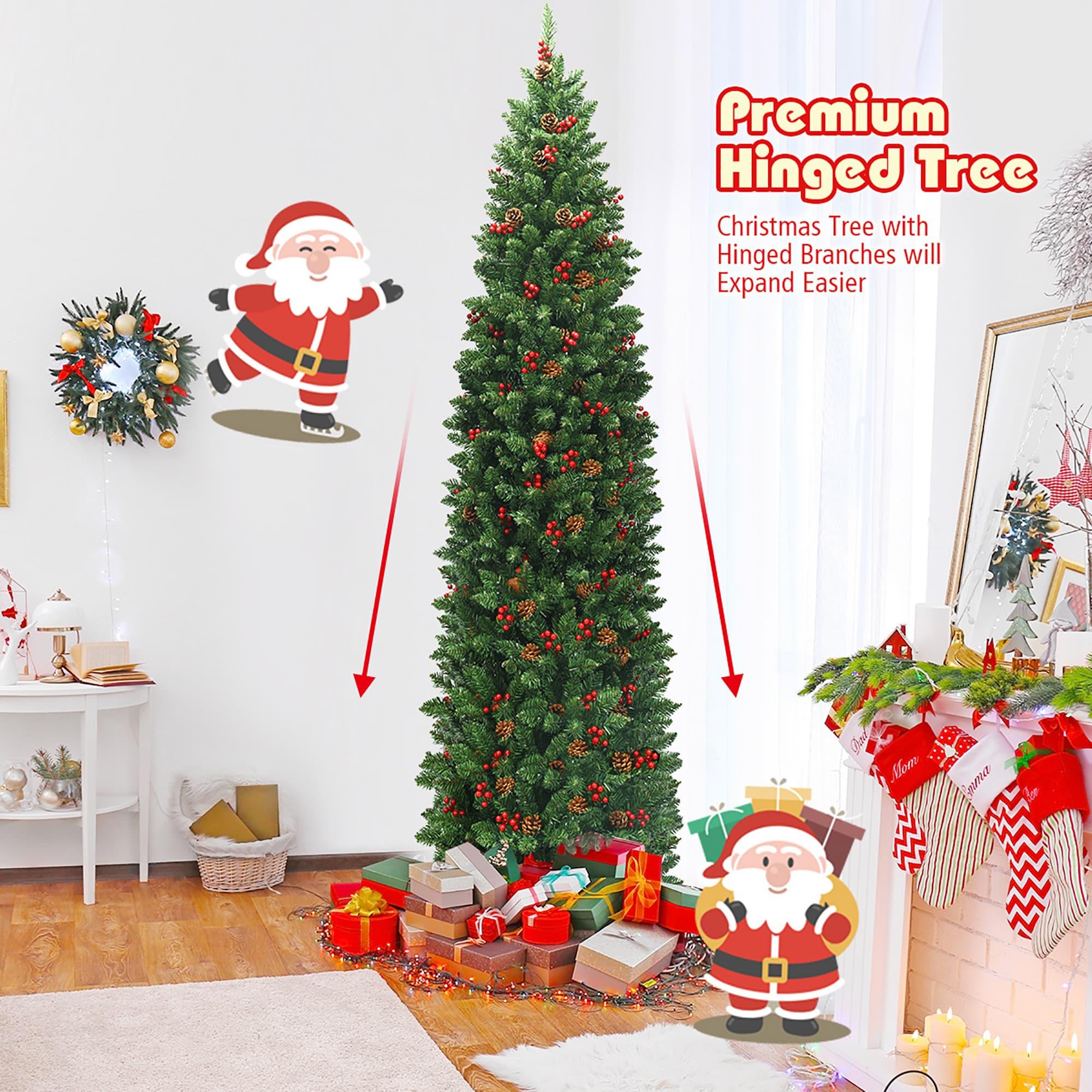 Costway 7.5Ft Pre-lit Hinged Pencil Christmas Tree w/Pine Cones Red Berries & 350 Lights