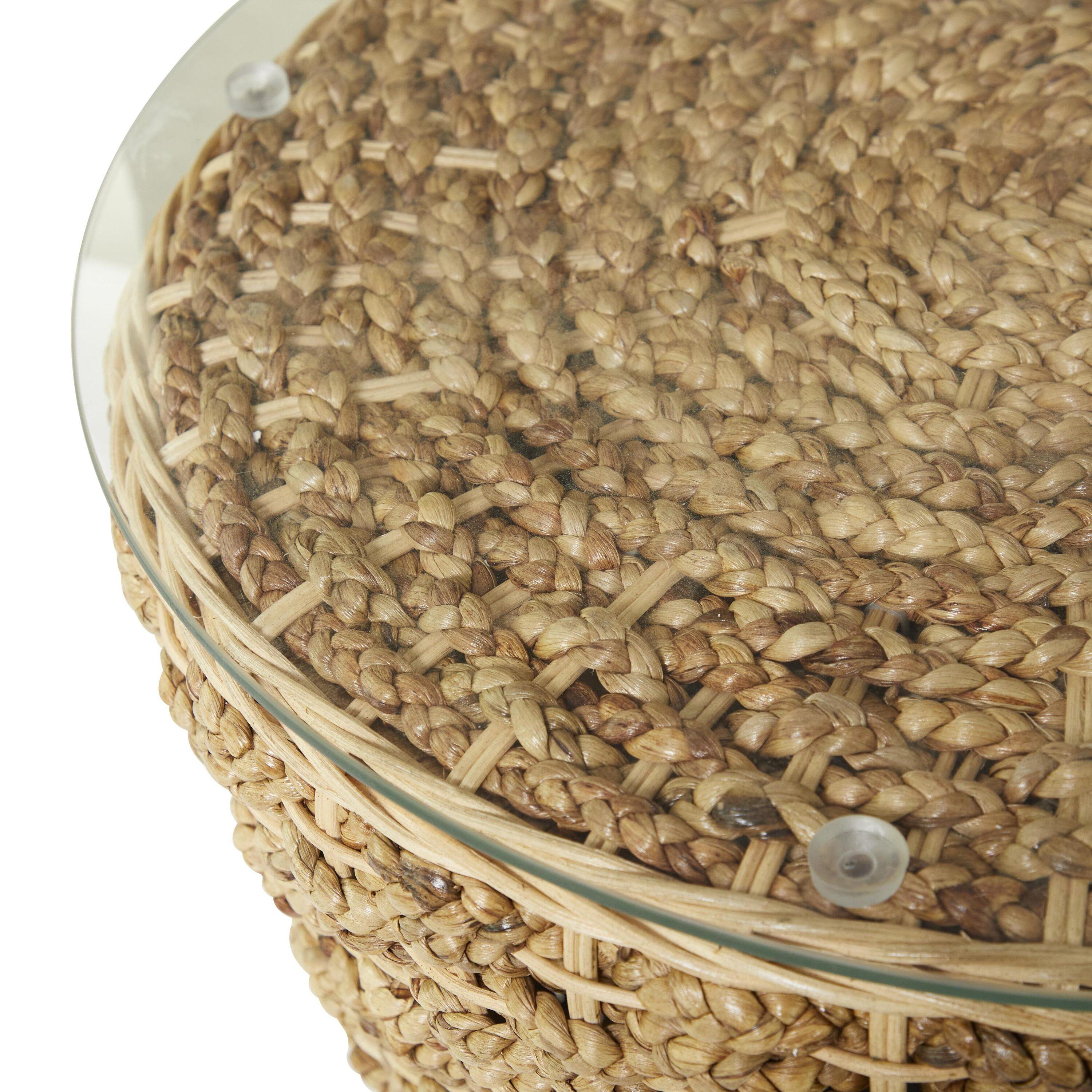 DecMode 20" x 24" Brown Seagrass Handmade Woven Accent Table with Glass Top, 1-Piece