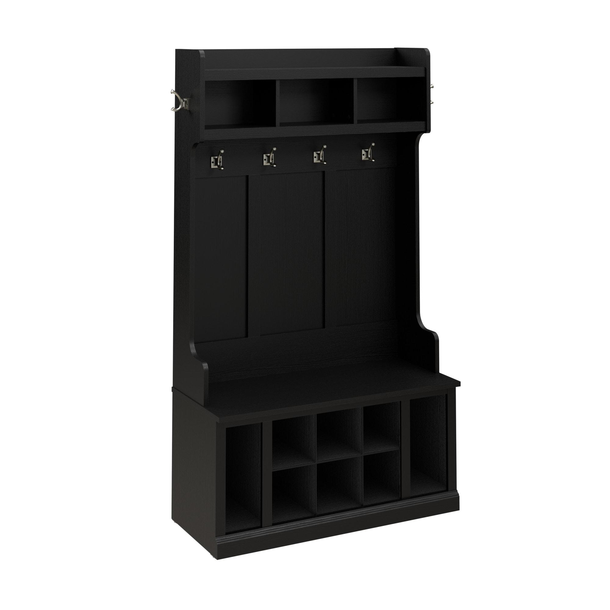 Bowery Hill 40" Engineered Wood Hall Tree and Shoe Bench w/ Shelves in Black Oak