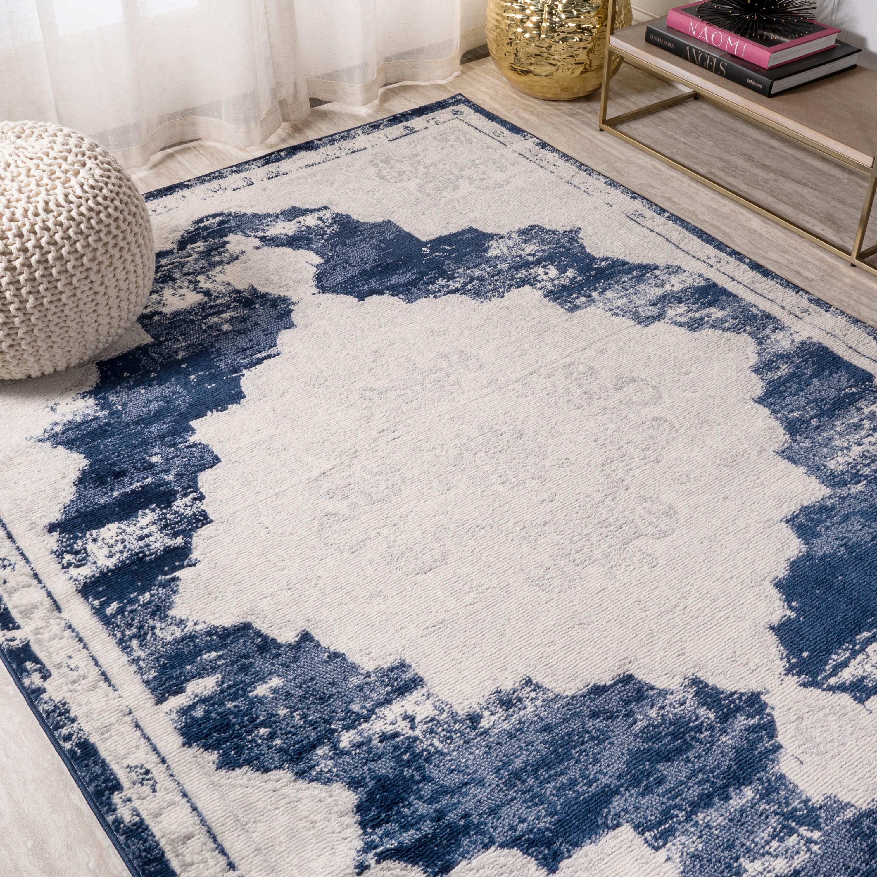 8'x10' Alhambra Ornate Medallion Modern Area Rug, Ivory/Navy - JONATHAN Y