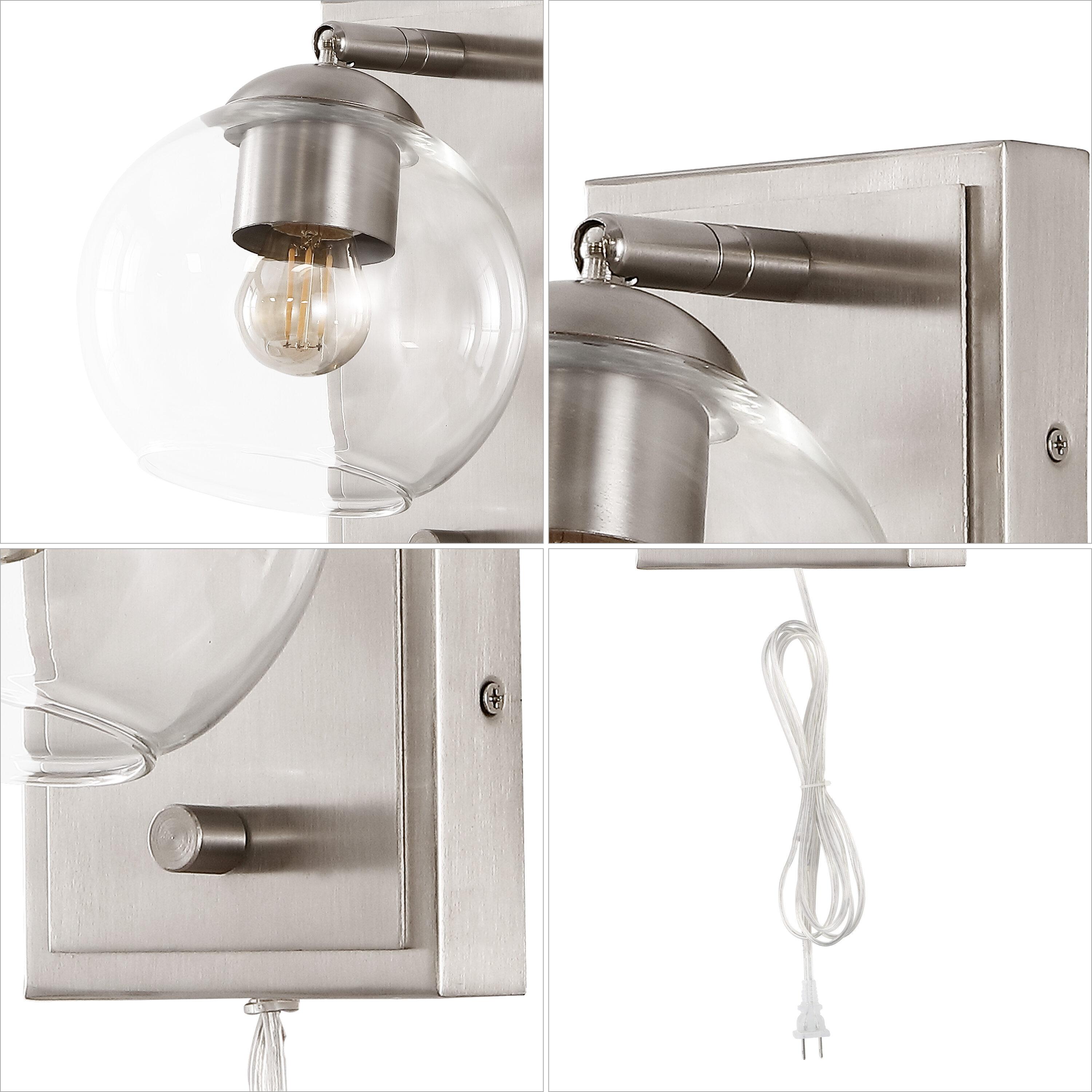 Hugo 6" 1-Light Minimalist Modern Plug-In or Hardwired Adjustable Iron LED Wall Sconce with Rotary Dimmer, Nickel with Clear Globe
