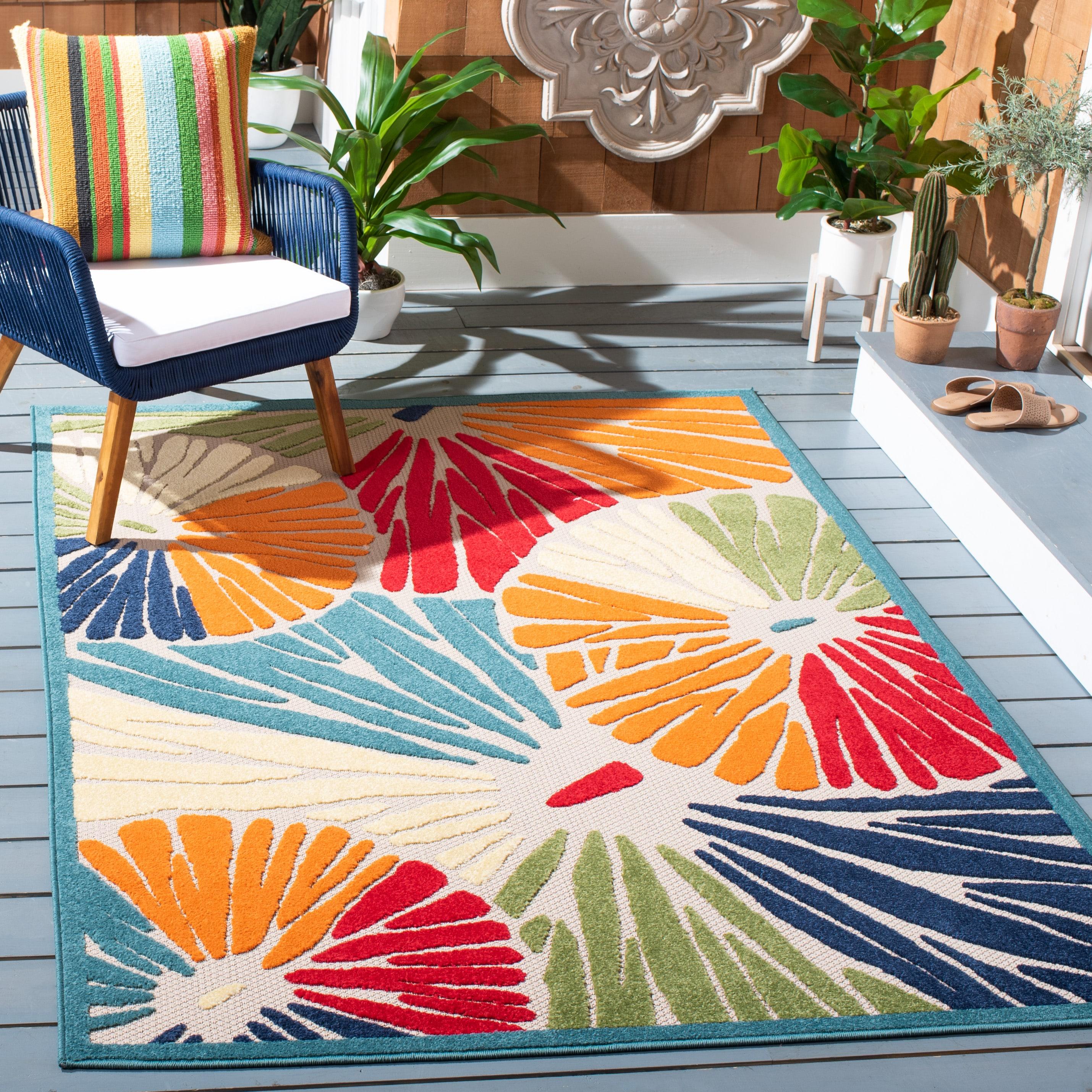 Cabana CBN356 Power Loomed Indoor and Outdoor Area Rug - Ivory/Blue - 6'7"x6'7" - Safavieh.
