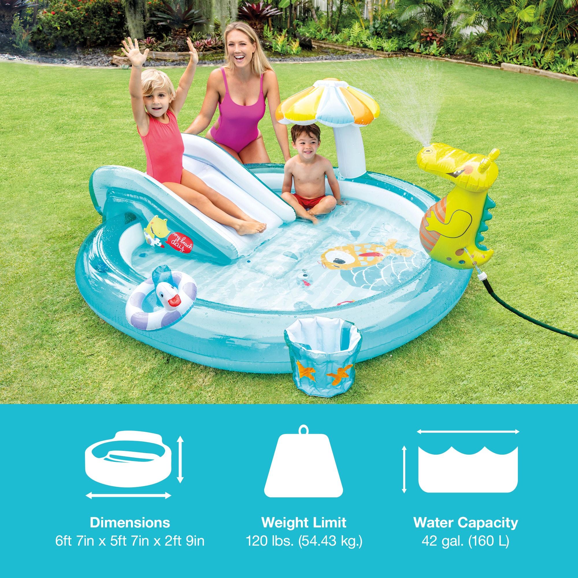 Intex 57165EP Gator 6.6ft x 5.6ft x 4in Outdoor Inflatable Kiddie Pool Water Play Center with Slide, for Toddlers Ages 2 and Up