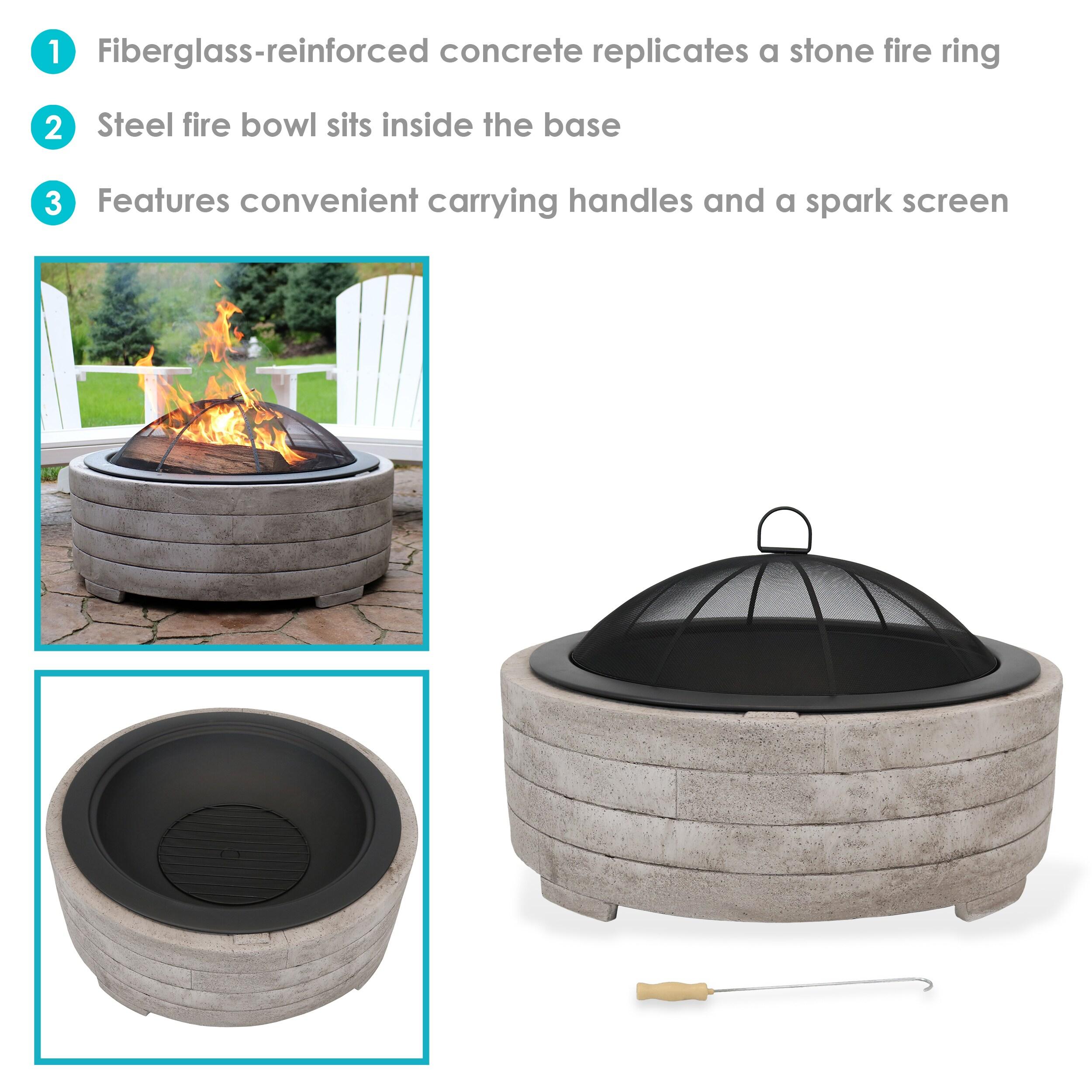 Sunnydaze Outdoor Large Round Faux Stone Fire Pit with Handles, Log Poker, and Spark Screen - 35" - Gray