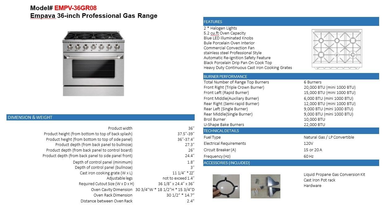 Empava 36" 5.2 Cubic Feet Smart Retro Natural Gas Slide-In Range with 6 Burners