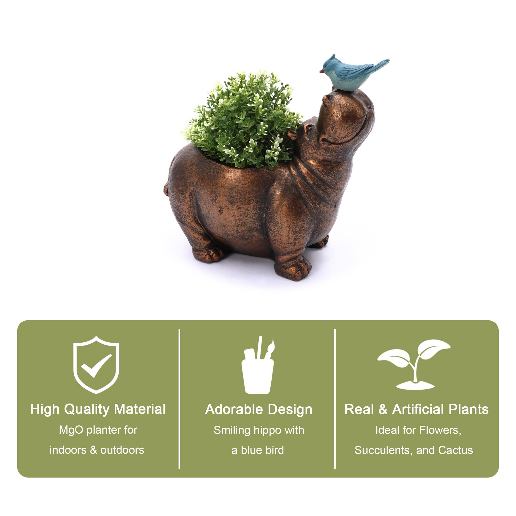 LuxenHome Brown Hippo and Blue Bird MgO Flower Pot Planter