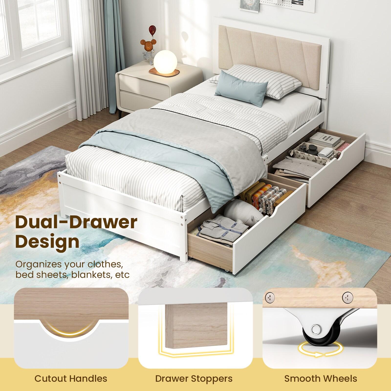 Costway Twin Size Bed Frame with 2 Storage Drawers Upholstered Headboard Wood Structure
