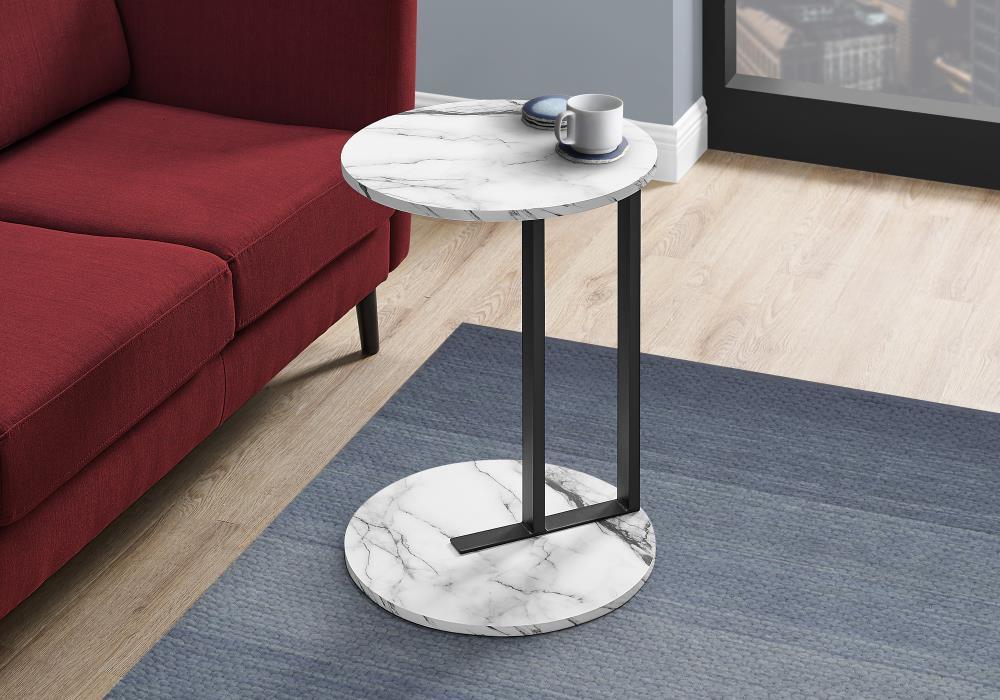 17 Stories Accent Table, Side, Round, End, Nightstand, Lamp, Living Room, Bedroom, White Marble Look Laminate, Black Metal, Contemporary, Modern