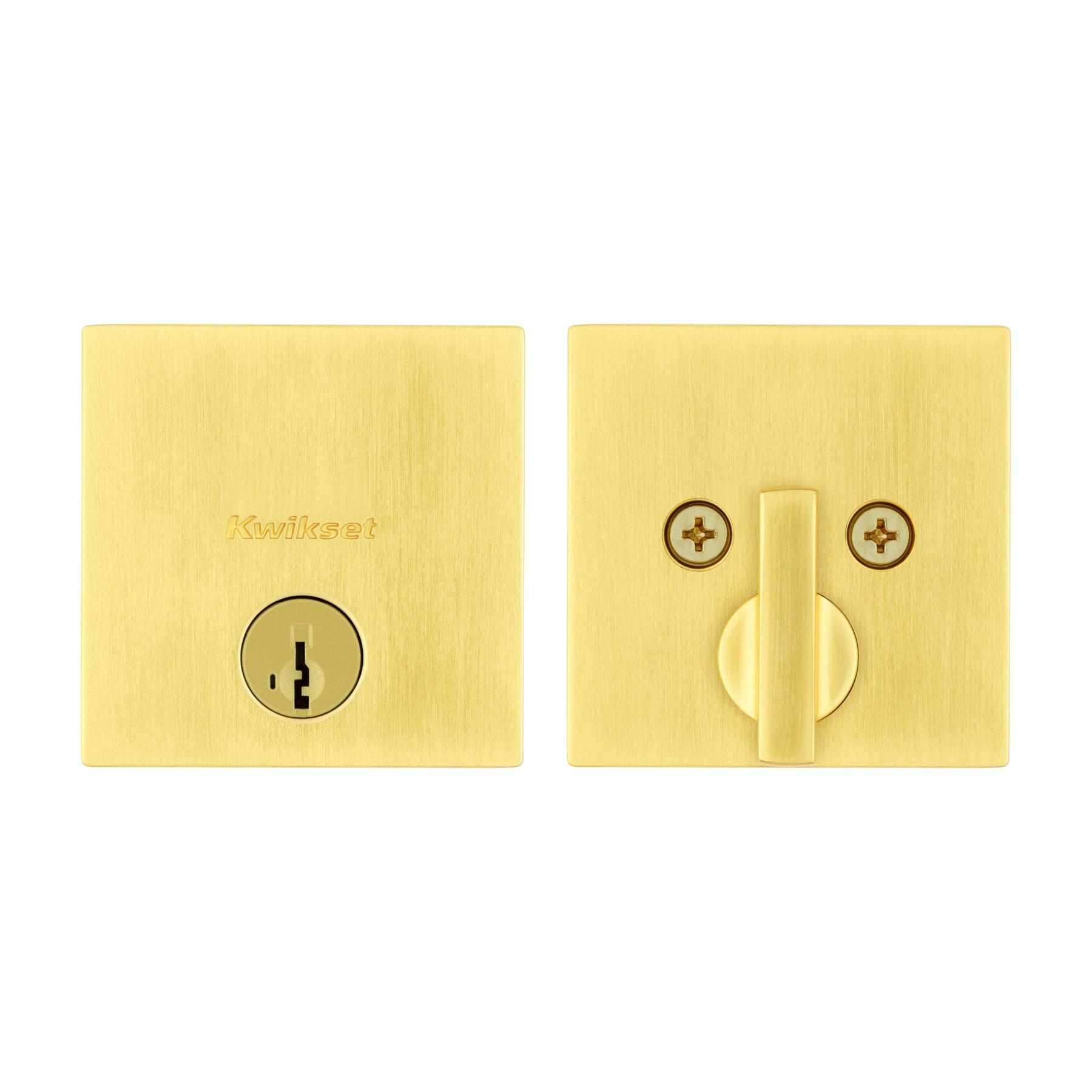 Kwikset Downtown Deadbolt Lock, Satin Brass Square Exterior Keyed Front Entry Door, Pick Resistant SmartKey Rekey Security, Single Cylinder Dead Bolt, with Microban Protection