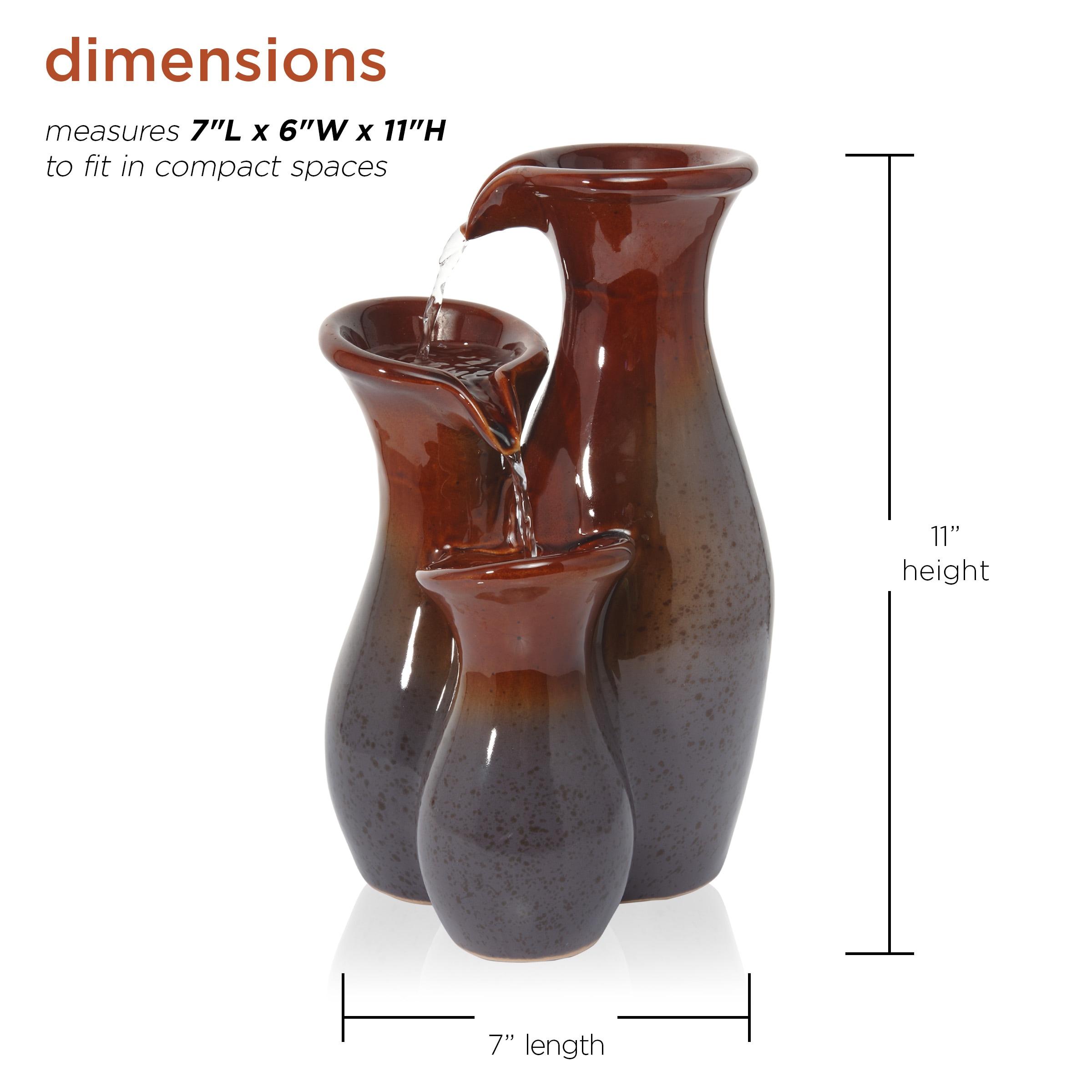 Alpine Corporation 11"H Indoor Tiered Glossy Ceramic Vase Tabletop Fountain, Brown/Gray