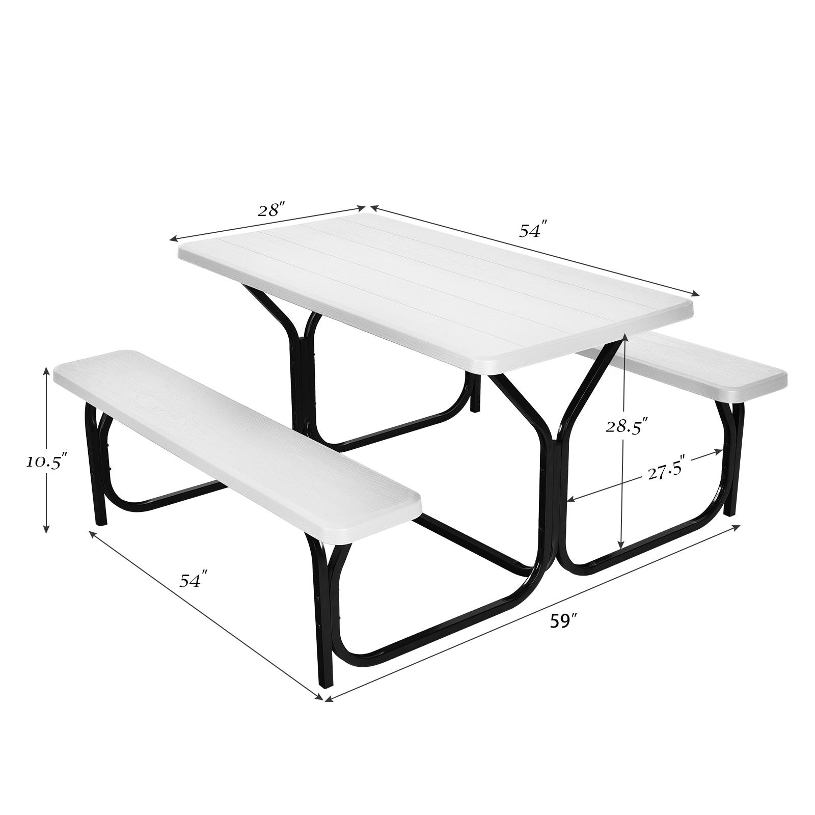 Tangkula Outdoor Picnic Table Bench Set Patio Camping Table w/Steel Frame & Wood Texture Tabletop for Garden White