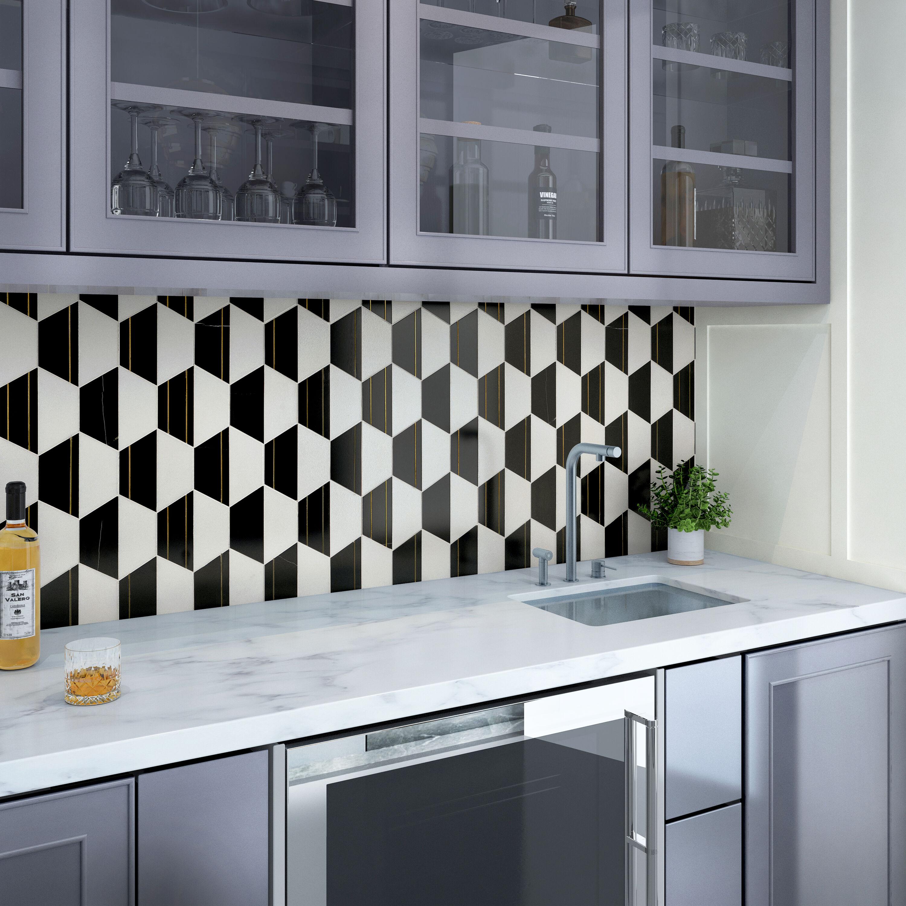 Meld 10.43" x 12.04" Marble and Brass Mosaic Hexagon Tile (0.87 Sq. Ft. / Sheet)