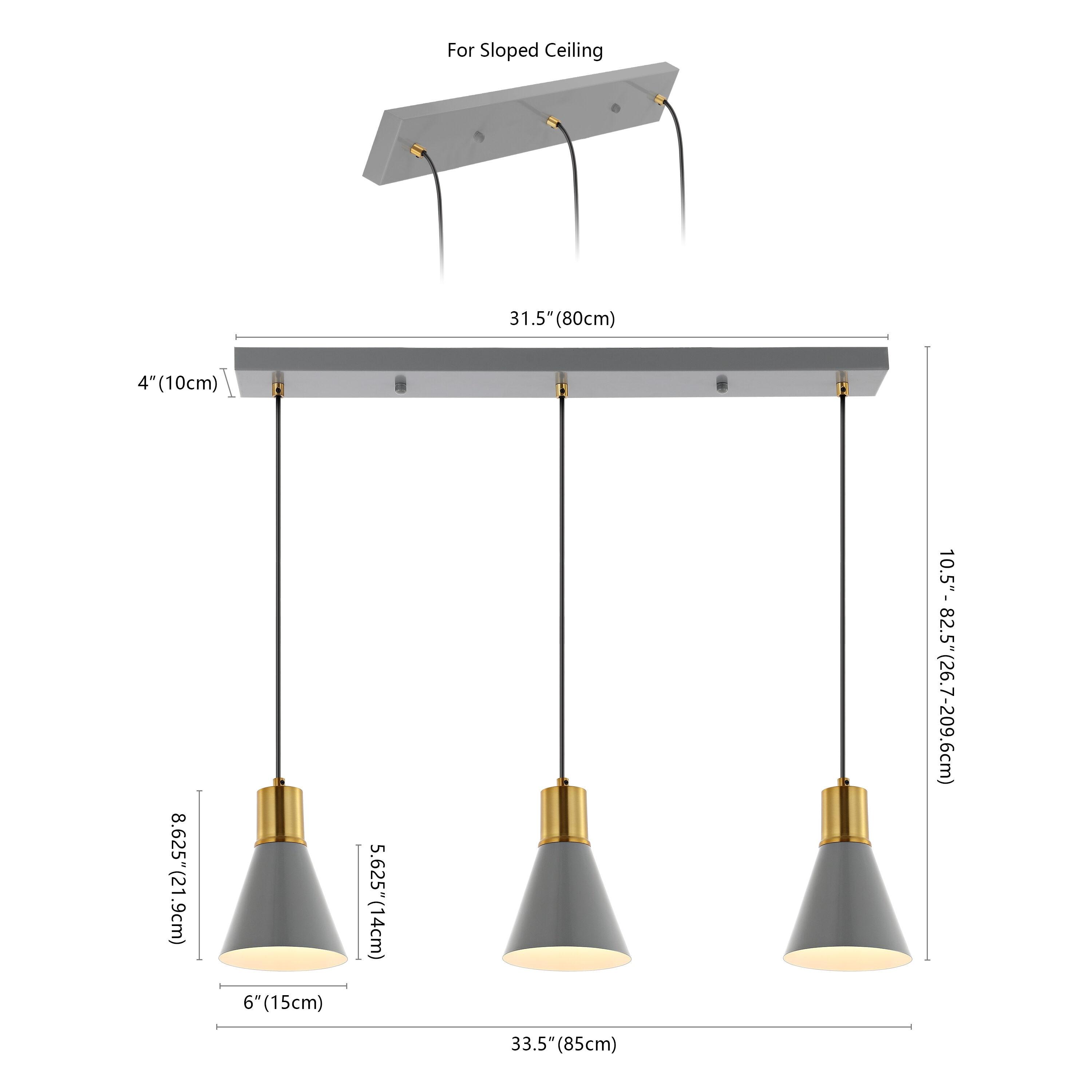 Apollo 33.5" 3-Light Mid-Century Modern Iron Adjustable Linear LED Pendant, Gray/Brass Gold