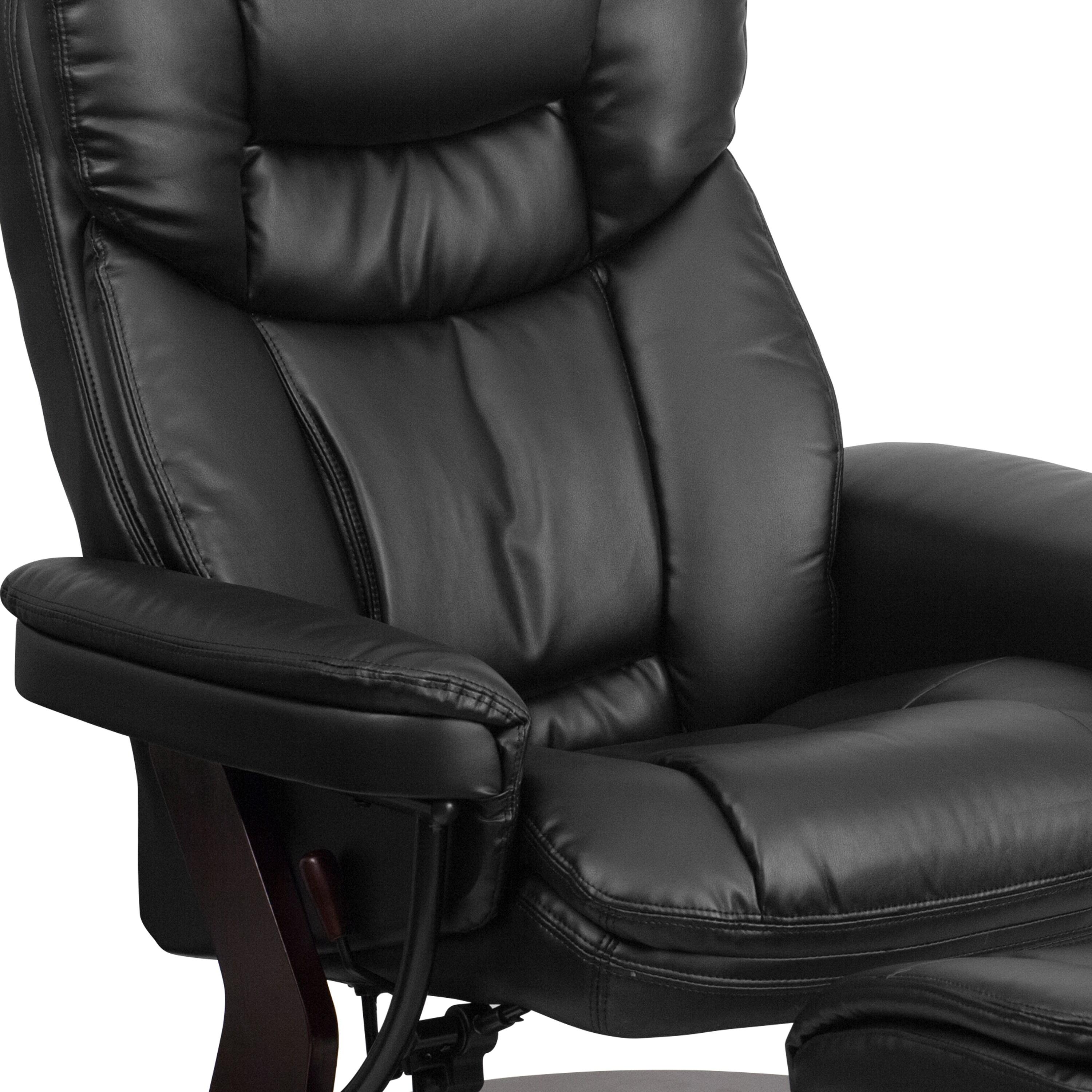 Flash Furniture Contemporary Multi-Position Recliner and Curved Ottoman with Swivel Mahogany Wood Base in Black LeatherSoft