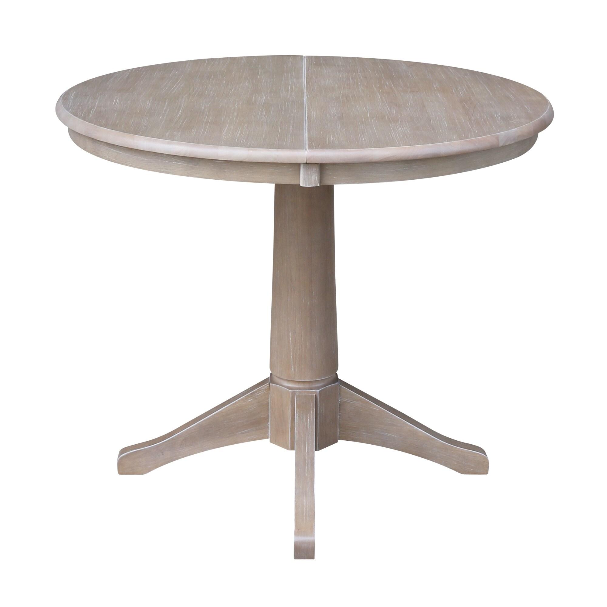 36" Magnolia Round Top Dining Table with 12" Leaf Washed Gray Taupe - International Concepts: Hardwood Pedestal Base, Seats 4