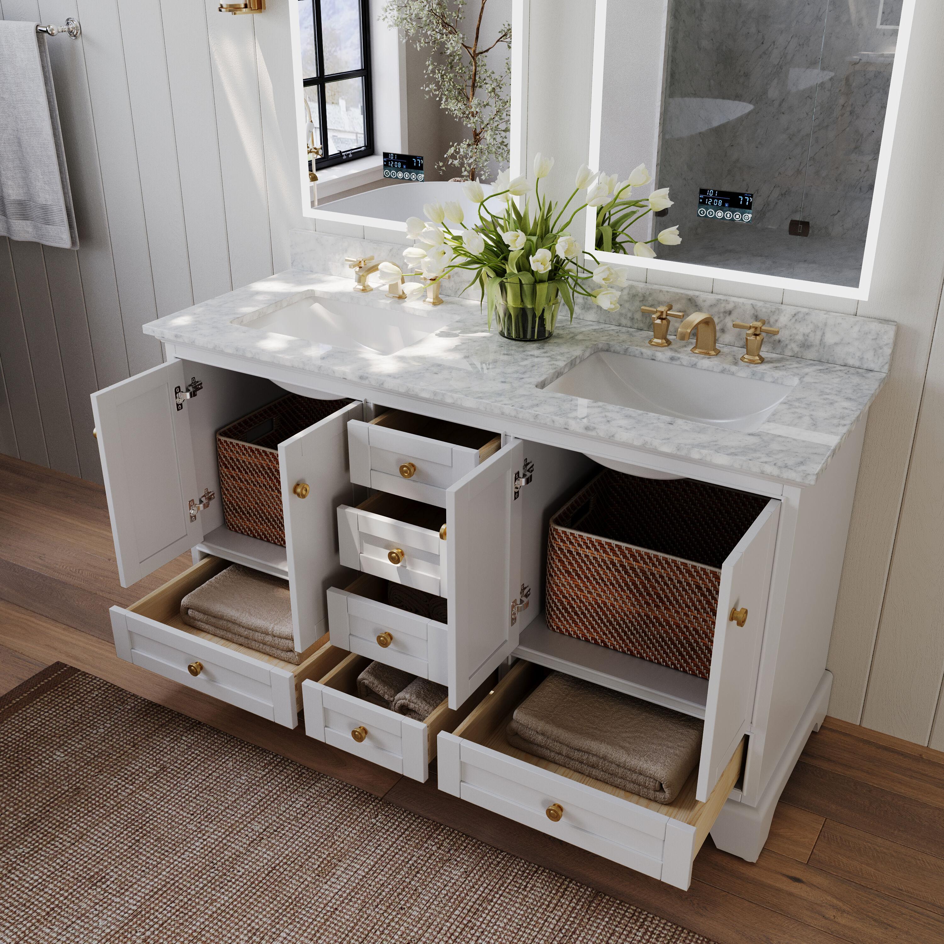 Audrey 60 in. Bath Vanity Set in White with Italian Carrara White Marble Vanity top and White Undermount Basin