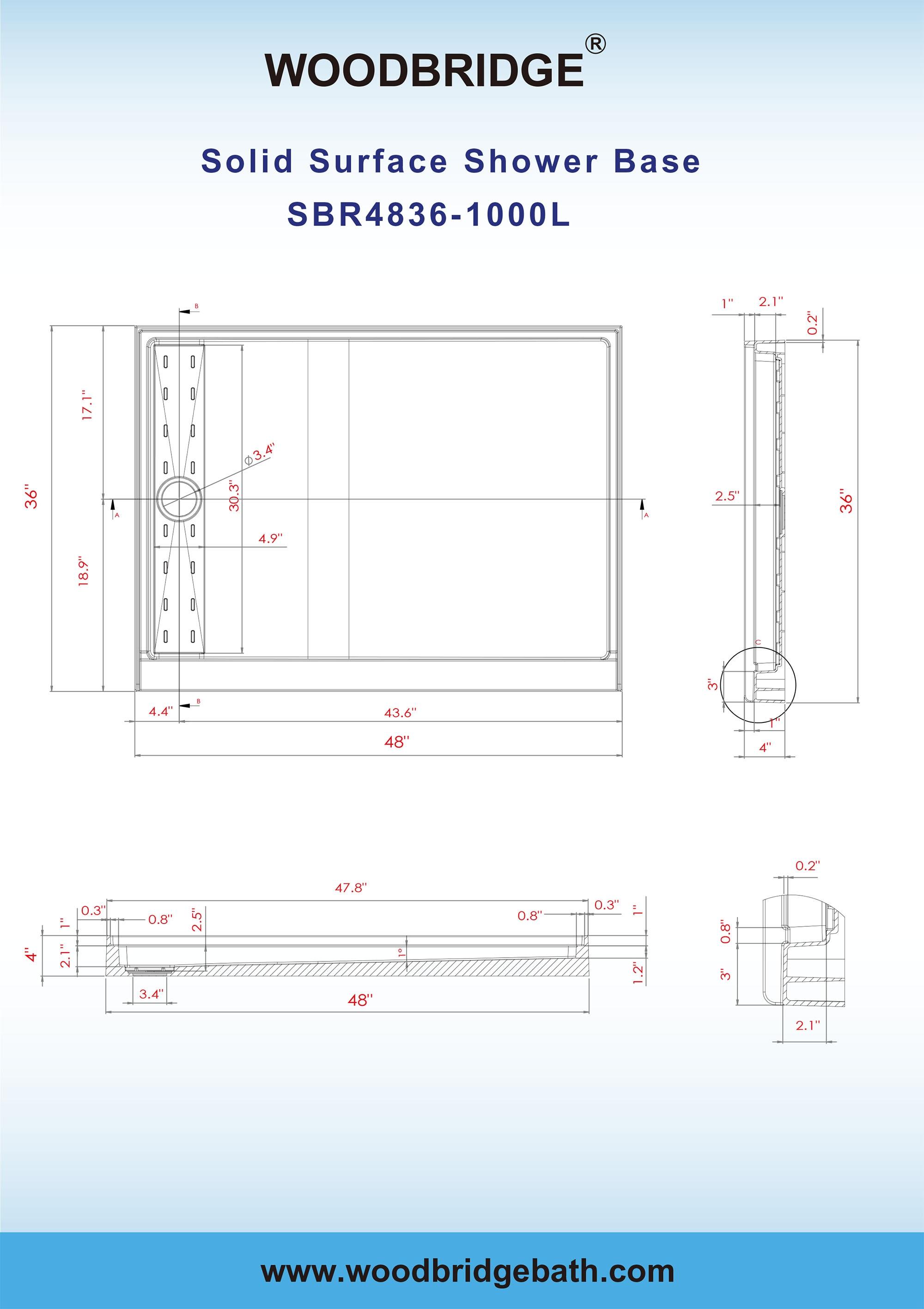 48" W x 36" Solid Surface Single Threshold Shower Pan Base with Drain Assembly & Drain Cover Included, Non-Slip