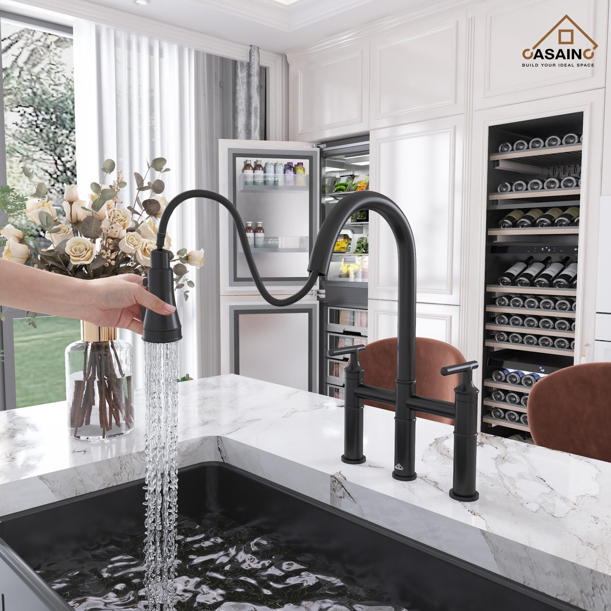 CASAINC Sleek 2-Handle Bridge Kitchen Faucet with Three Function Pull-Down Sprayhead 1.8 GPM KCLT0001-MB