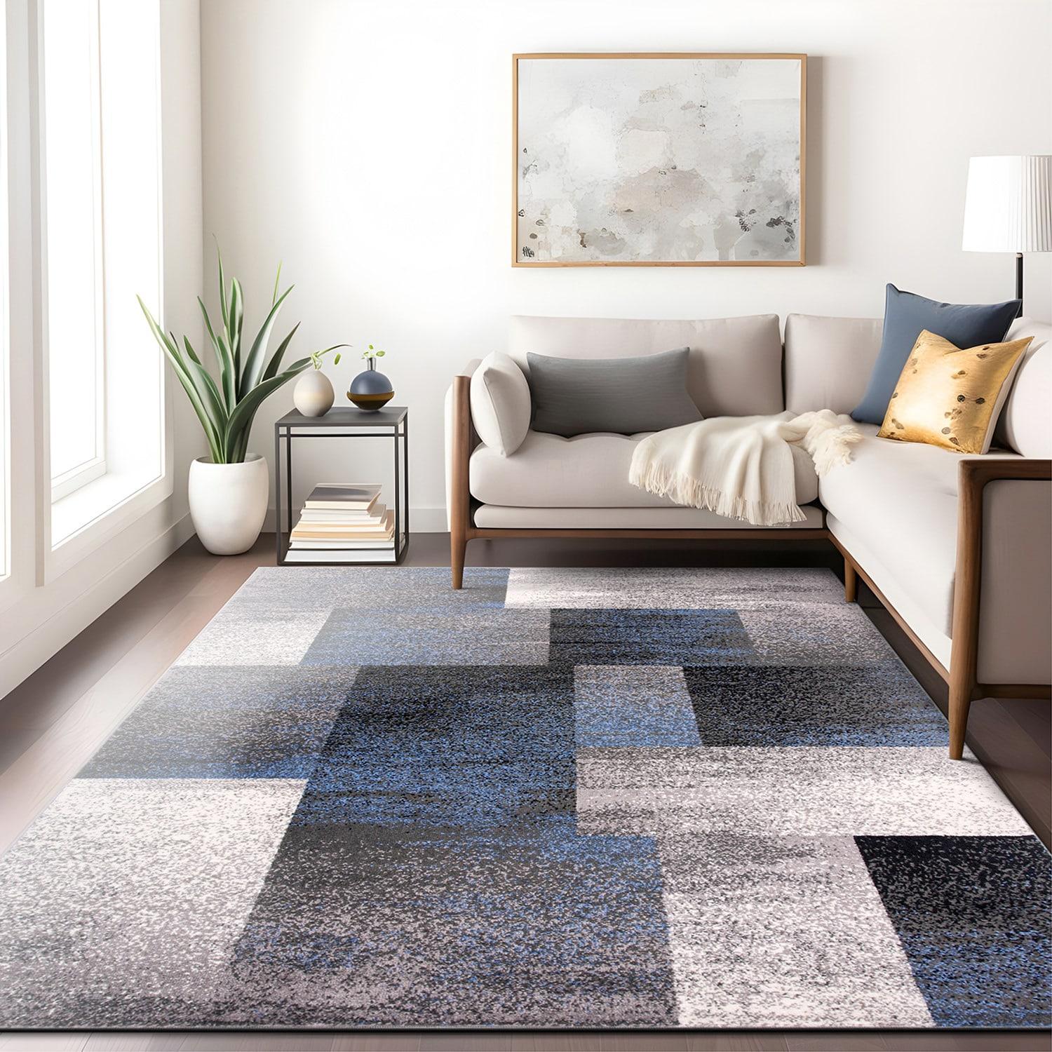 World Rug Gallery Contemporary Modern Geometric Boxes Area Rug - Blue 5' x 7'