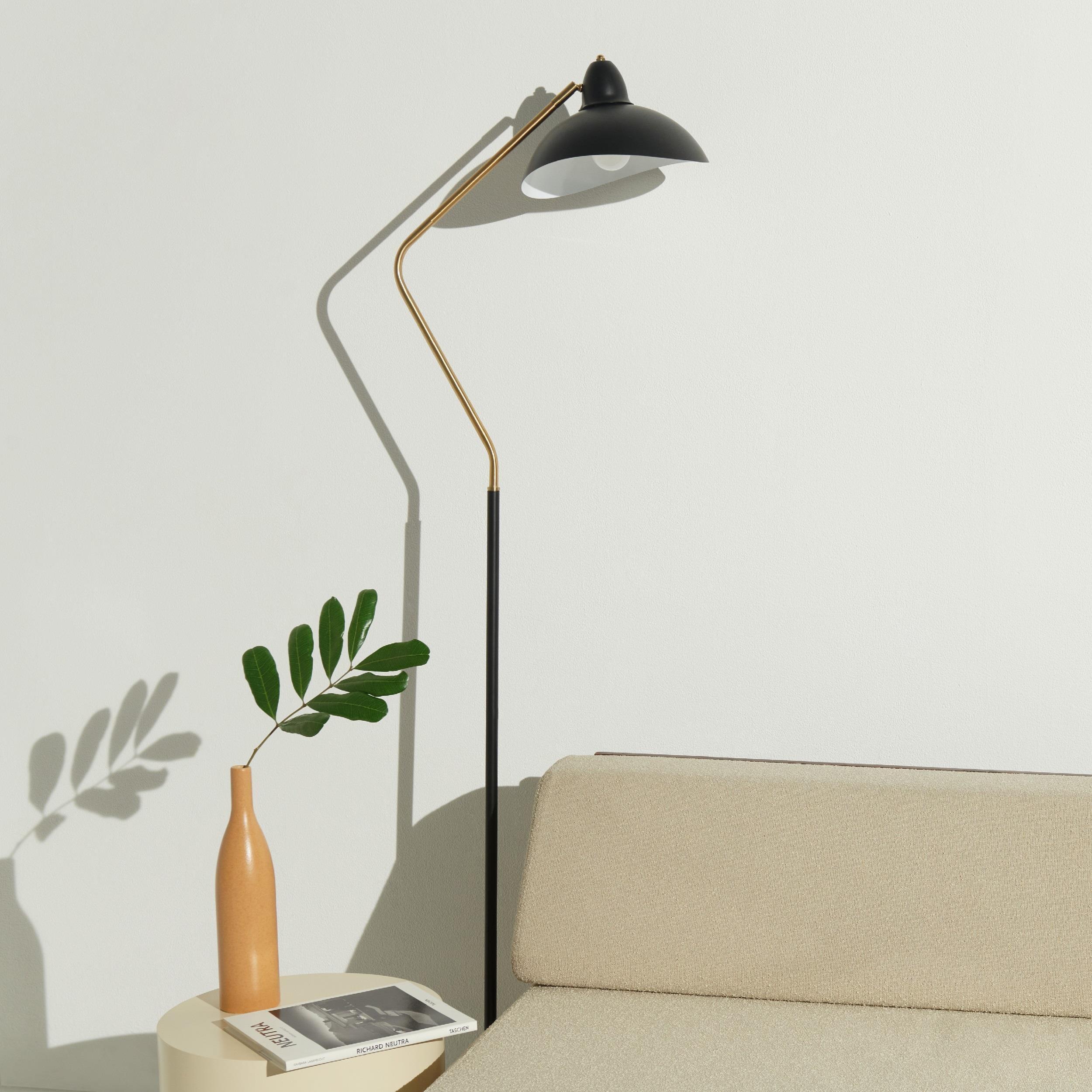 Brightech Swoop 69 in. Mid Century Modern Adjustable Curved Black Standing Lamp with Metal Bowl Shade and Gold Finish - LED Bulb Included