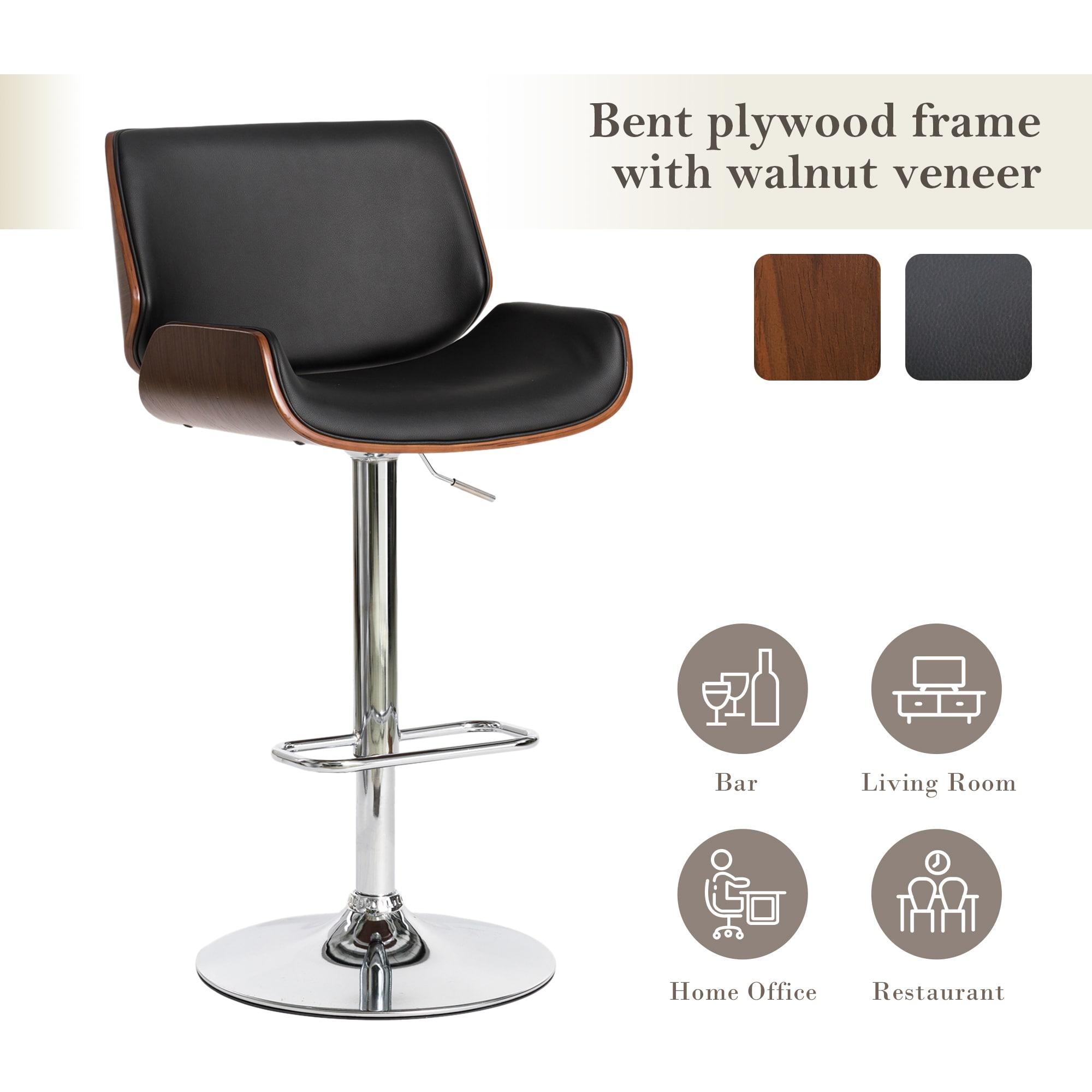 Set of 2 Leatherette Adjustable Height Swivel Bar Stools Chrome Plated Base Black - Glitzhome: Mid-Century, Curved Back, Pneumatic