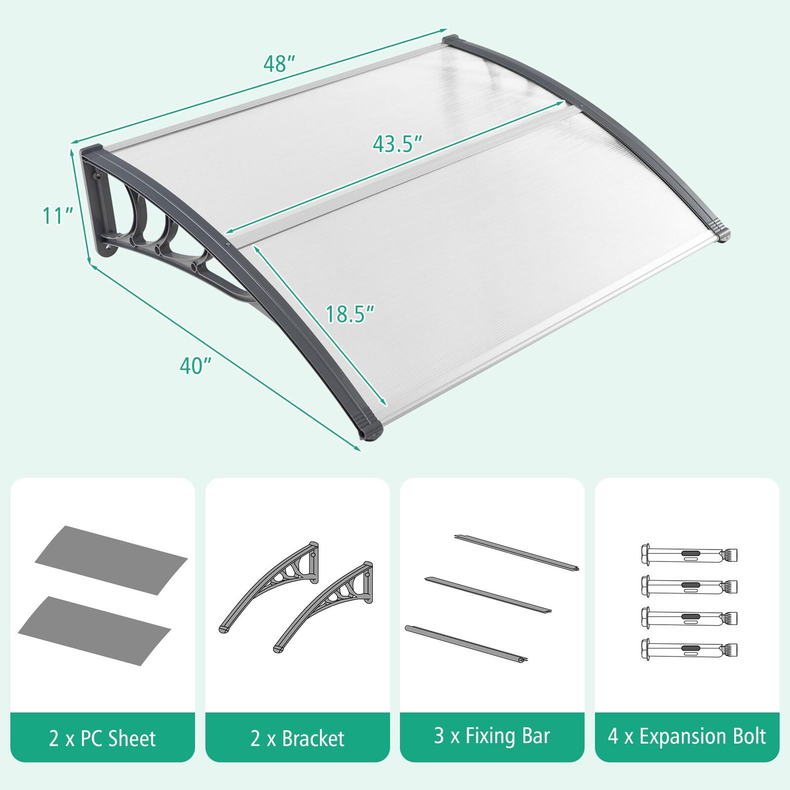 48" x 40" Window Awning, Awnings for Doors, with Hollow Sheet, Rain Snow Sunlight, Outdoor Awning Canopy Exterior for Porch, Deck, Patio, Balcony, Gray